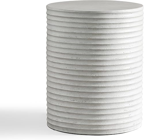 Mesa auxiliar de hormigón blanco, mesas auxiliares redondas pequeñas de 13.8 pulgadas, base de tambor, mesa auxiliar decorativa para el hogar, patio