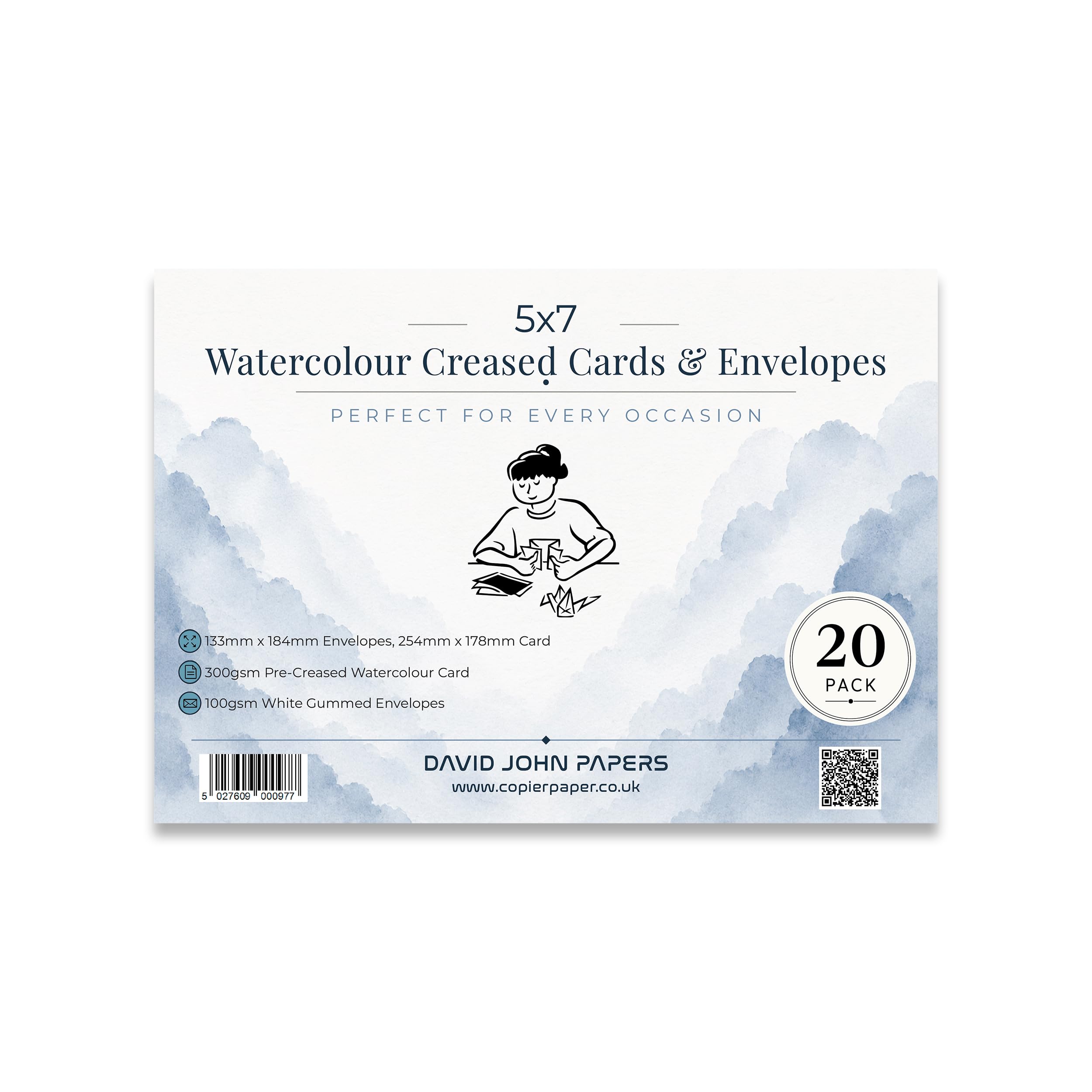 DJP Watercolour Creased Blank Greeting Cards & White Envelopes - Pack of 20 (5x7)