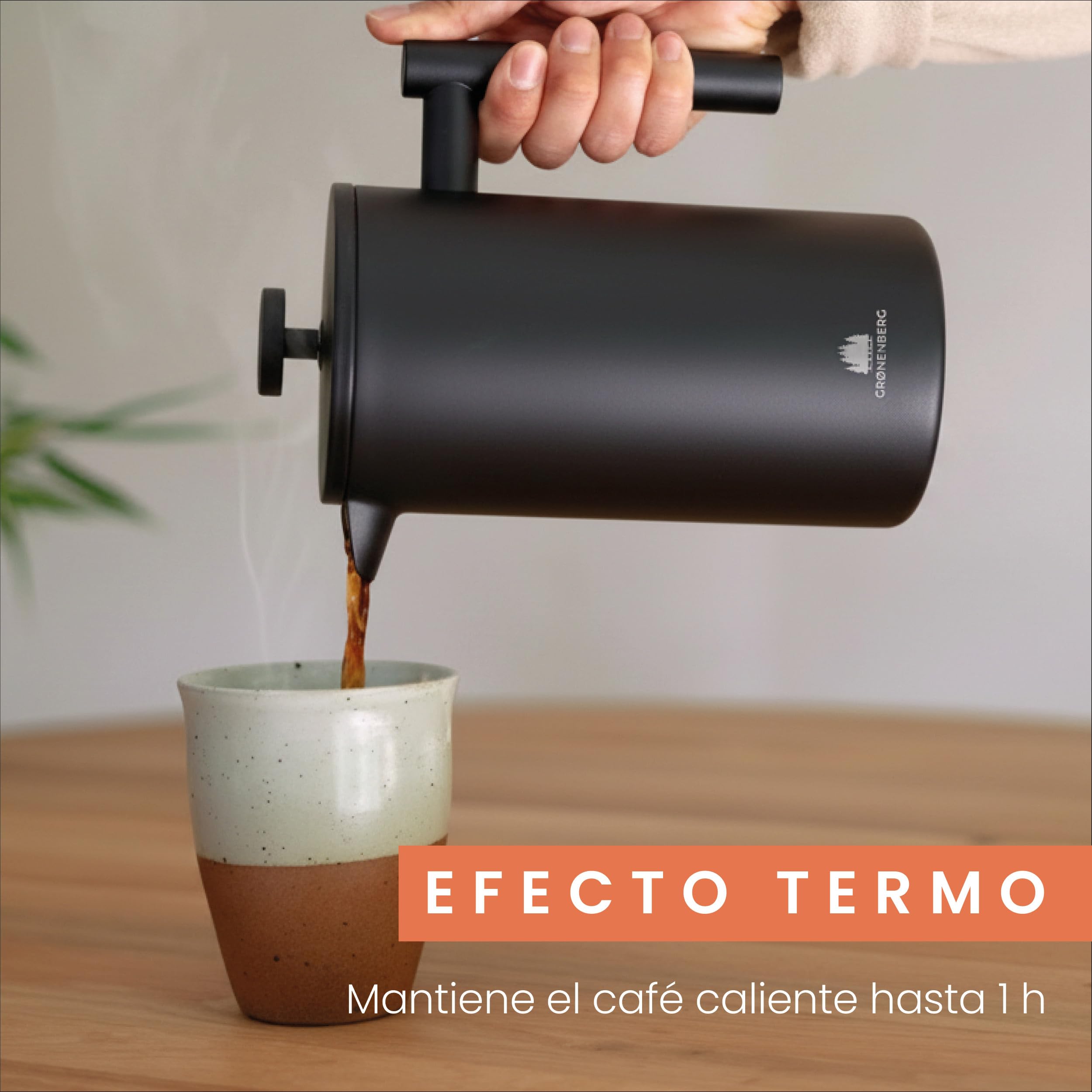 Groenenberg Cafetera francesa de colores I Prensa francesa + filtros de repuesto I French Press 0,6-1 litro I Cafetera embolo con función térmica (Black, 1000 ml)