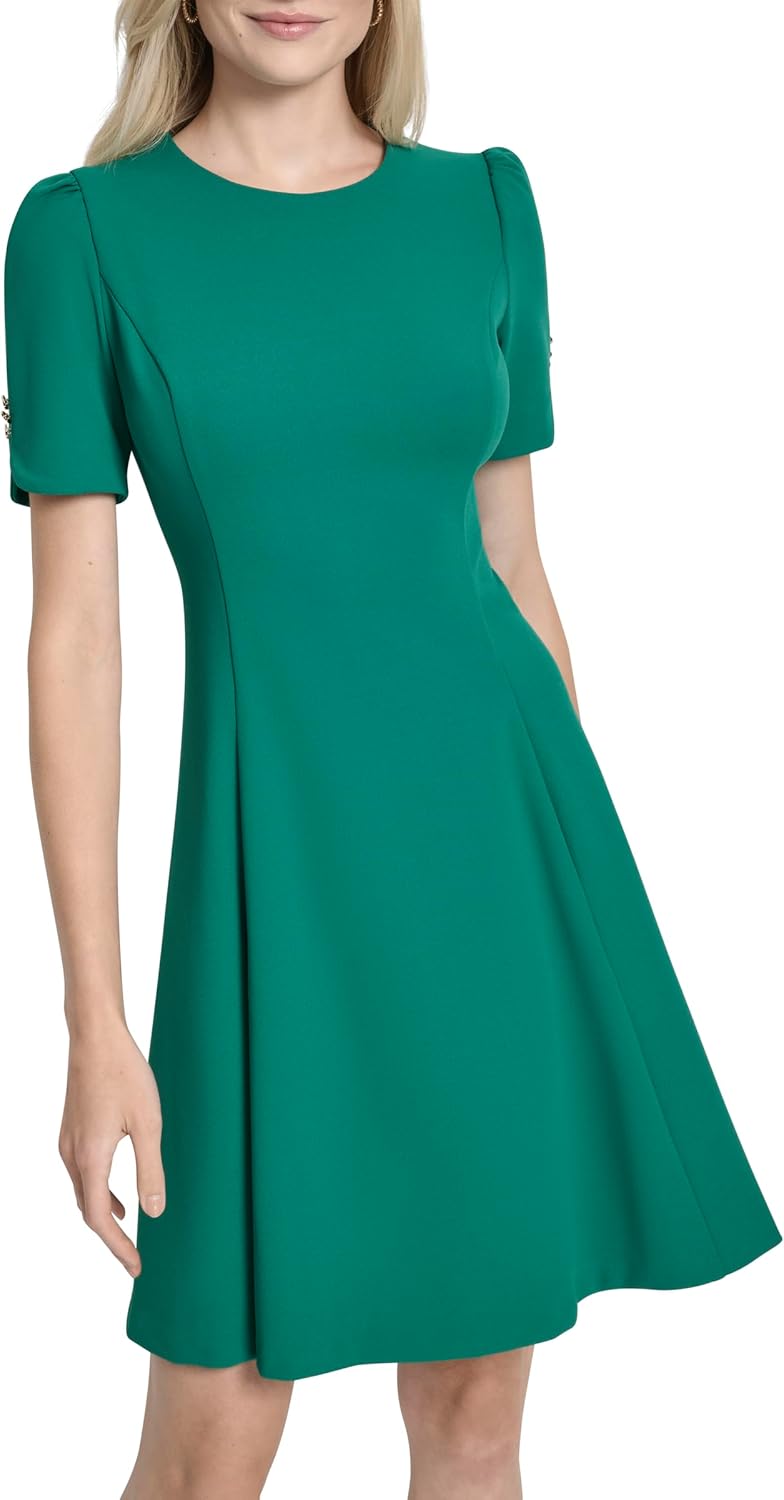 DKNY Womens Short Sleeve Jewel Neck Fit & Flare Mini Dress