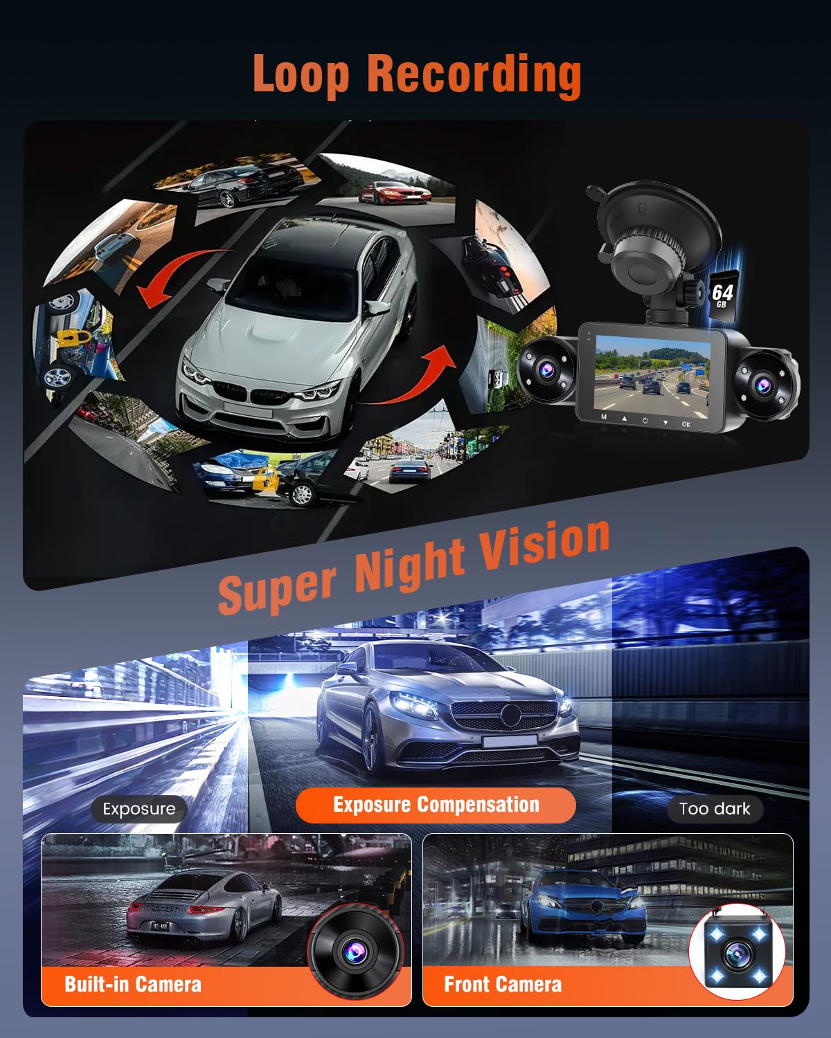 Hikity 360°Dashcam per Auto con Scheda SD 64GB 4 Channel | Schermo IPS 3 Pollici Dash Cam Auto Telecamera per Auto 1080PG-Sensor Monitoraggio Parcheggio 24 Ore Visione Notturna