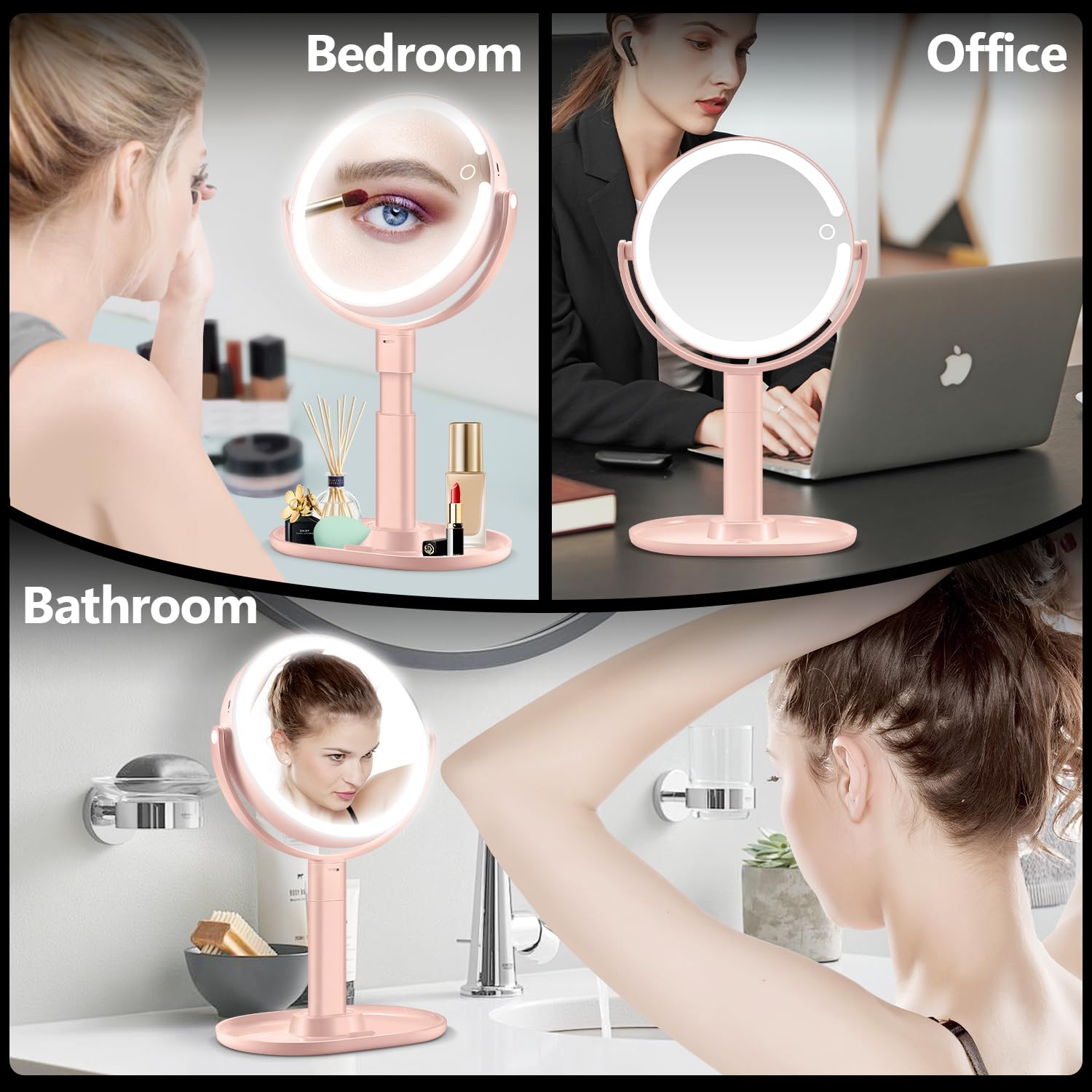 MIYADIVA Specchio per il trucco con luci, specchio ingranditore 20X con luce e interruttore touch, specchio cosmetico con luce a 3 colori e 80 LED, specchio da scrivania regolabile in altezza con luce