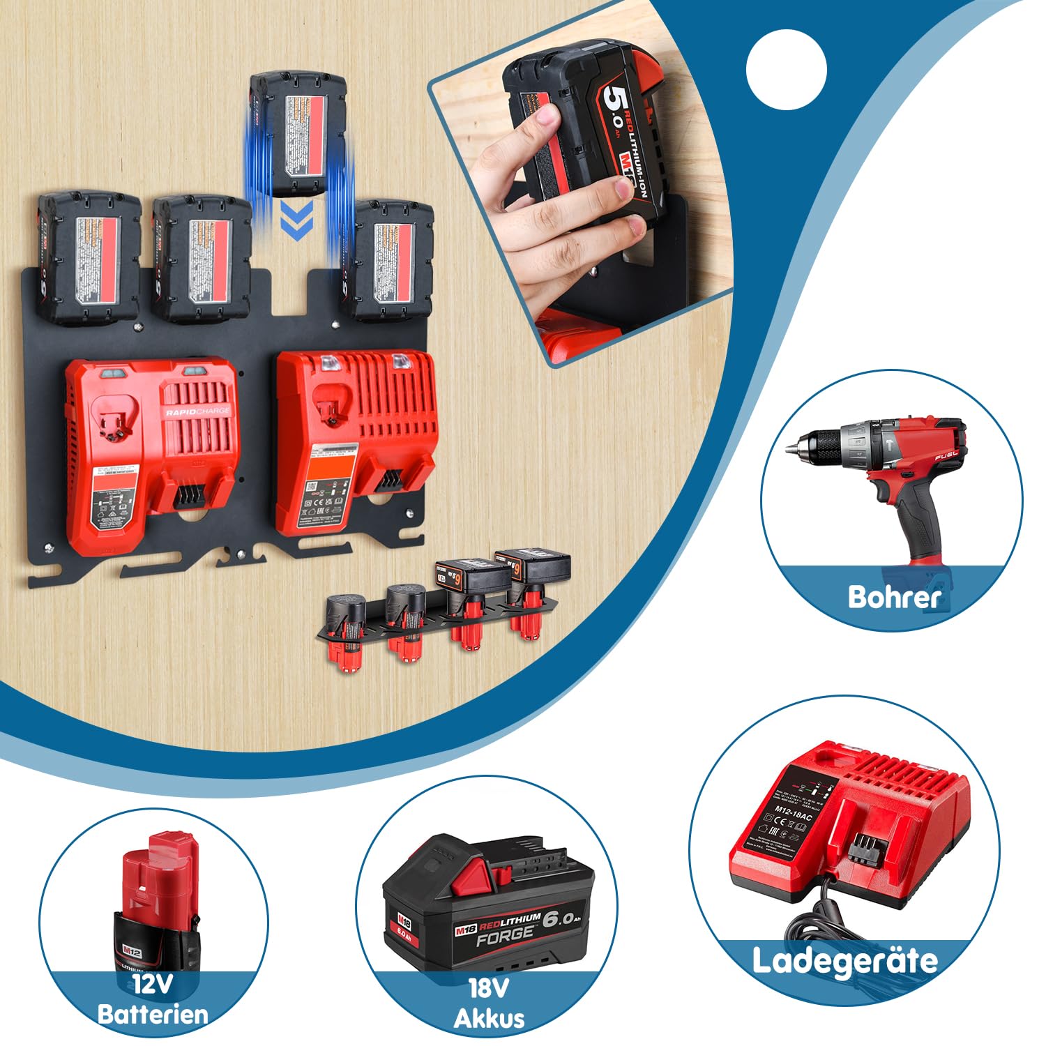 Soporte de pared de metal 3 en 1 para cargadores, baterías y taladros Milwaukee - Compatible con cargadores M12-18C/M12-18FC/M18 DFC - Soporte de batería para baterías Milwaukee M12 de 12 V y M18 de