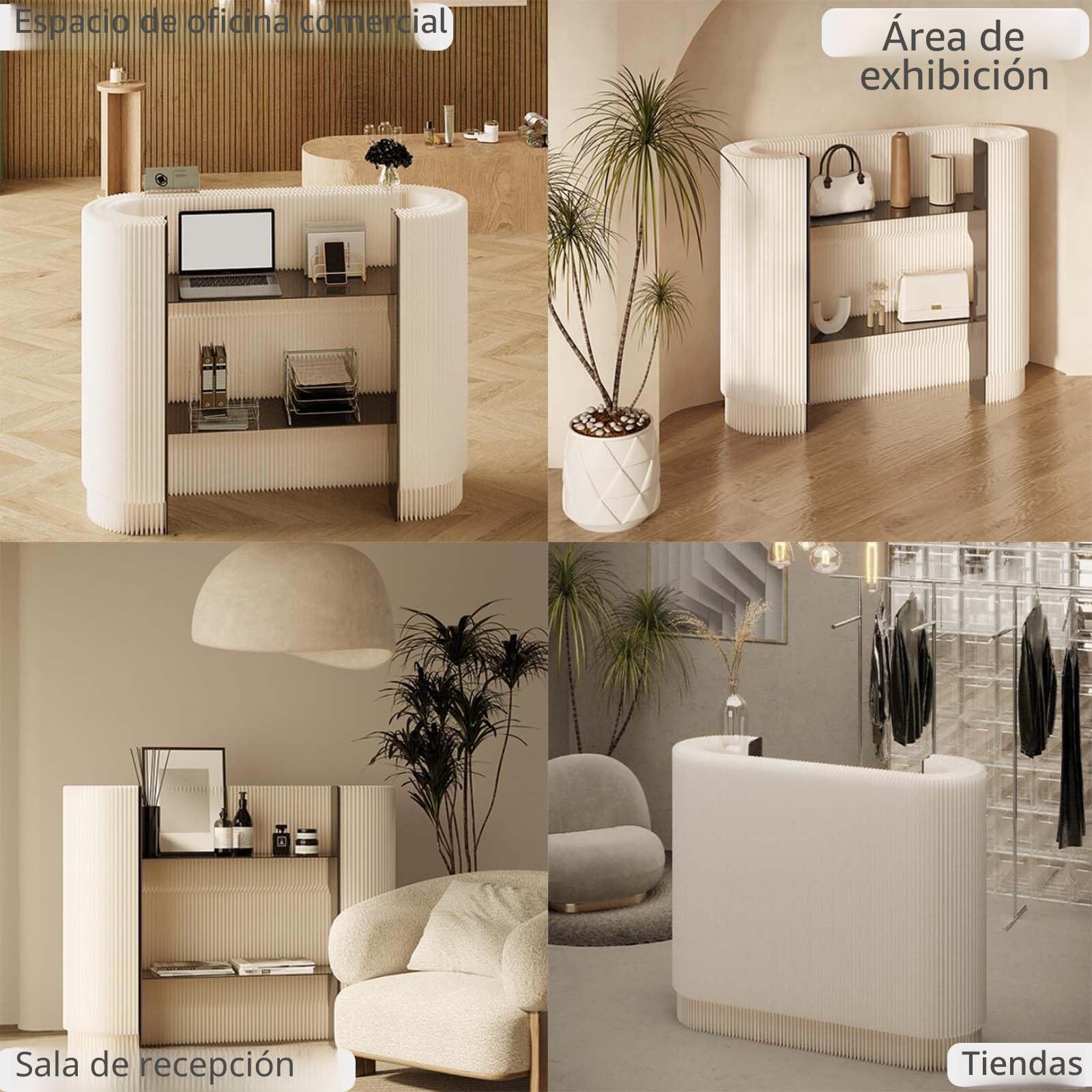 Mostrador de Recepción Curvo, Mostrador Plegable con 2 Estantes Desmontables, Escritorio de Recepción Contador de Cajero para Salón, Vestíbulo, Sala de Recepción y Tienda