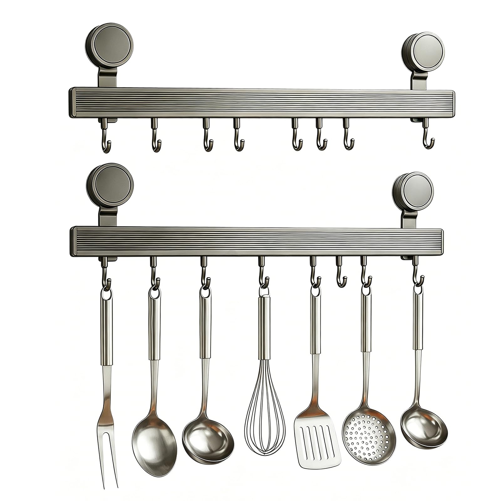 ZHUOmengyun 2 Pcs Kitchen Hook Rack with Suction Cup, 40cm Removable Utensil Rack with Suction Cup No Drilling with 8 Movable Hooks Holder Hanger Rail for Spoon Spatula and Cooking Accessories