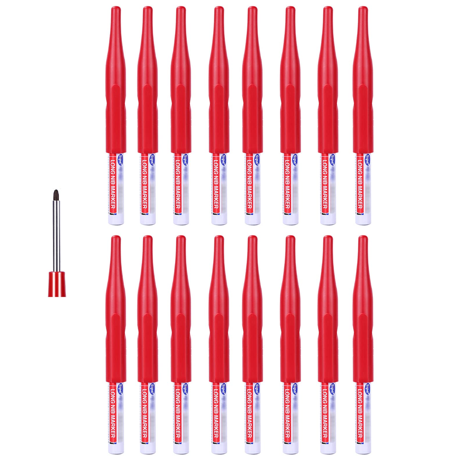 TopHomer Marqueurs à trous profonds, stylos de charpentier, stylos marqueurs permanents étanches à pointe extra longue de 30 mm pour le marquage des zones difficiles à atteindre 16PCS Rouge