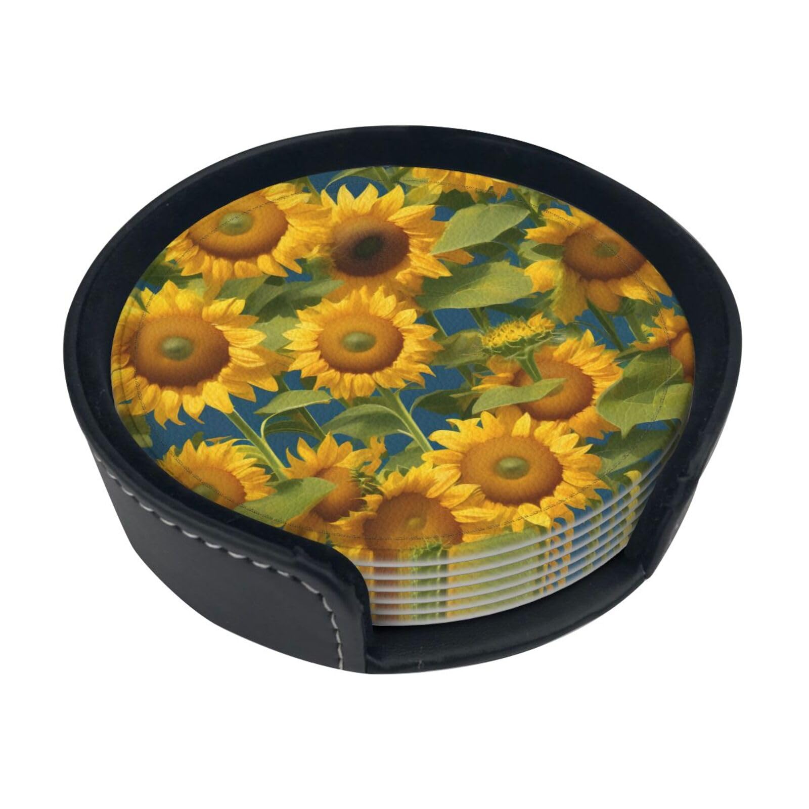 Summer Sunflower Print Round Coasters Set Of 6,Coaster For Tabletop Protection Home Bar Decor