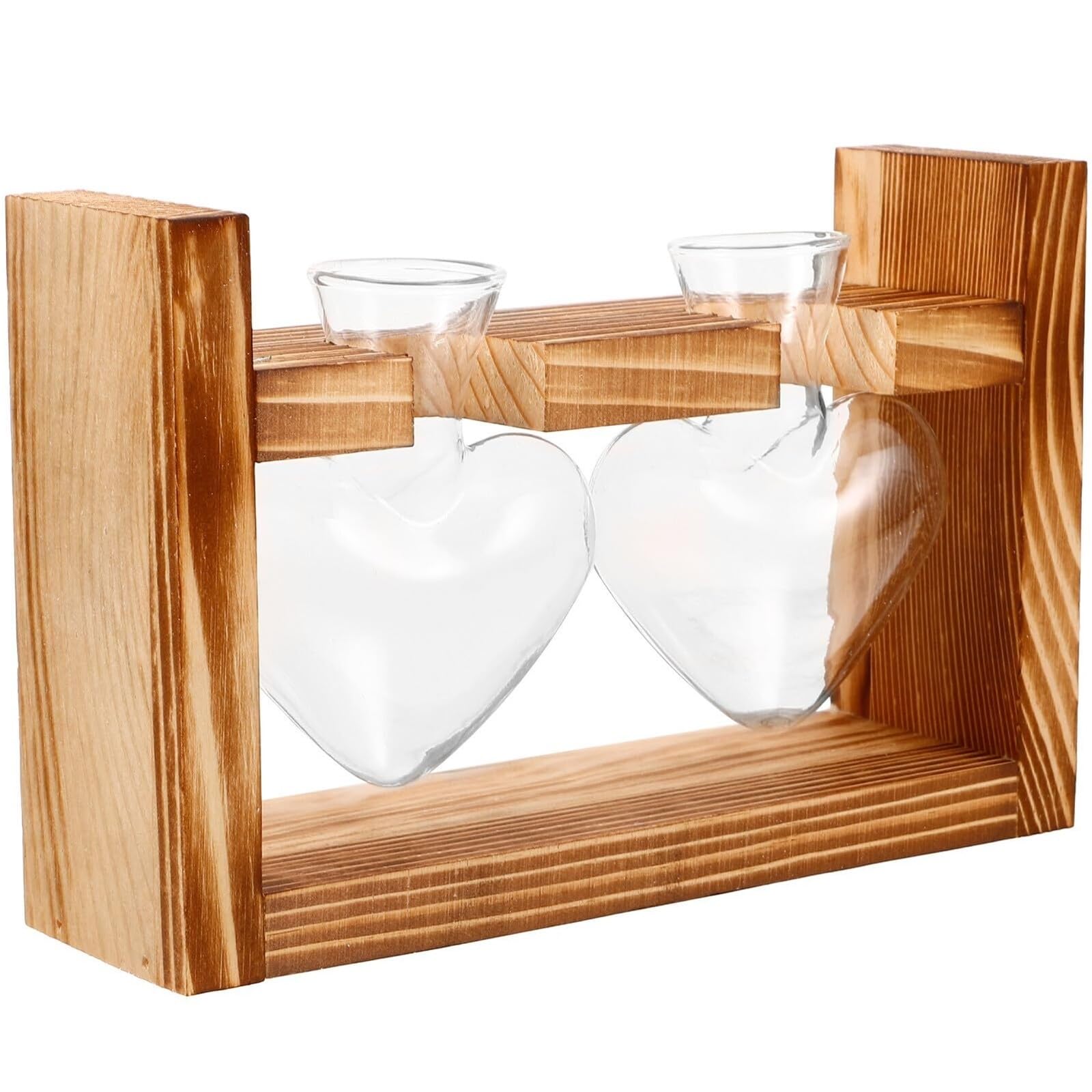 classic Heart-shaped Glass Hydroponic Vase With Wooden Base, Indoor Plant Desktop for tabletop