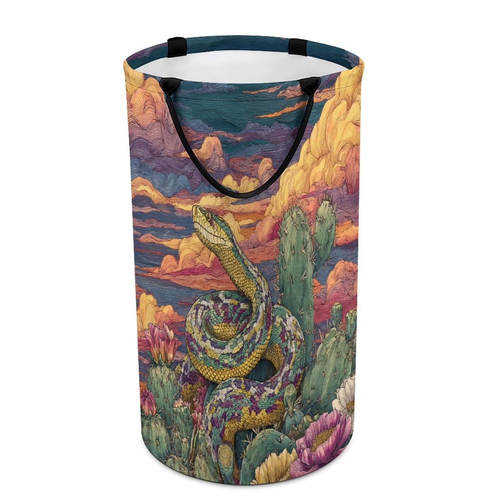 LUYYSKY Rustic Abstract Animals Snake Collapsible Dirty Clothes Basket, Watercolor Western Desert Plants Cactus Floral Wildlife Snake Portable Clothes Storage Basket