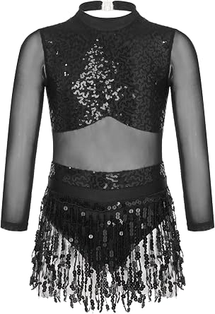 ranrann Kids Girls Sequin Tassel Latin Ballet Dance Dress Long Sleeve Gymnastic Leotard Dress Jazz Chacha Belly Dancewear