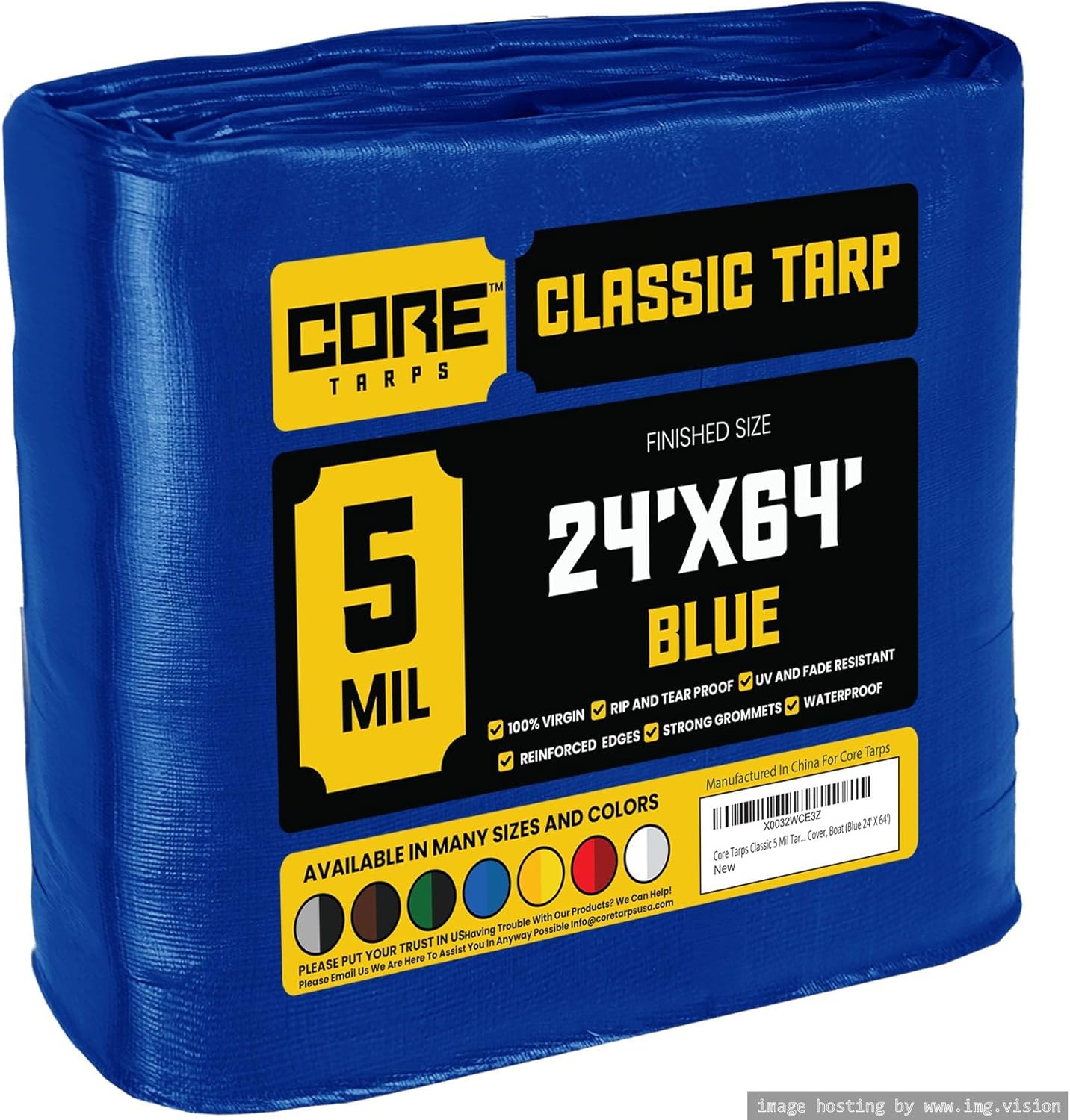 Core Tarps Classic 5 Mil Tarp Cover, Waterproof, UV Resistant, Rip and Tear Proof, Poly Tarpaulin with Reinforced Edges for Roof, Camping, Patio, Pool Cover, Boat (Blue 24 X 64)