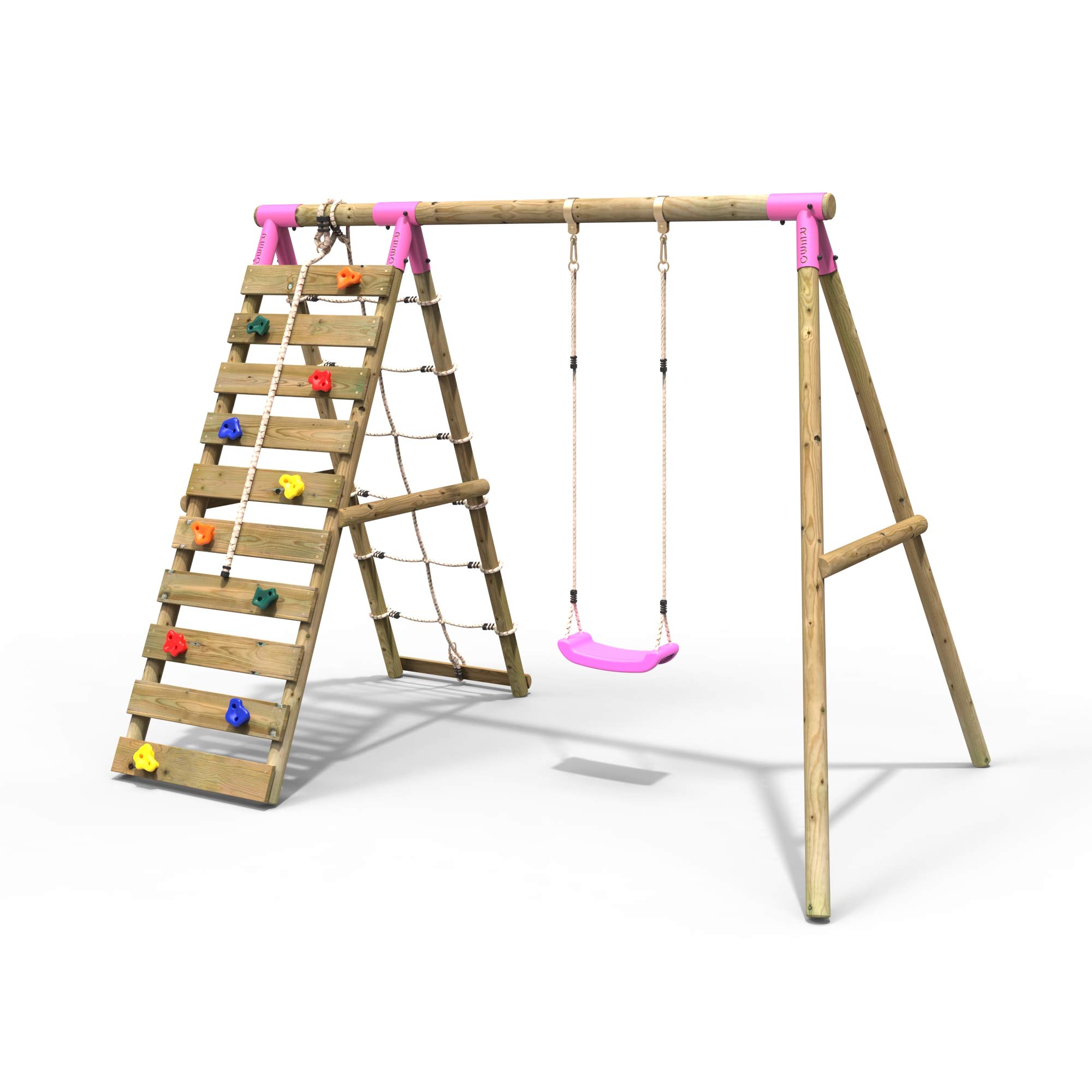 Rebo (Aria, ) Wooden Swing Set With Up And Over Climbing Wall Pink