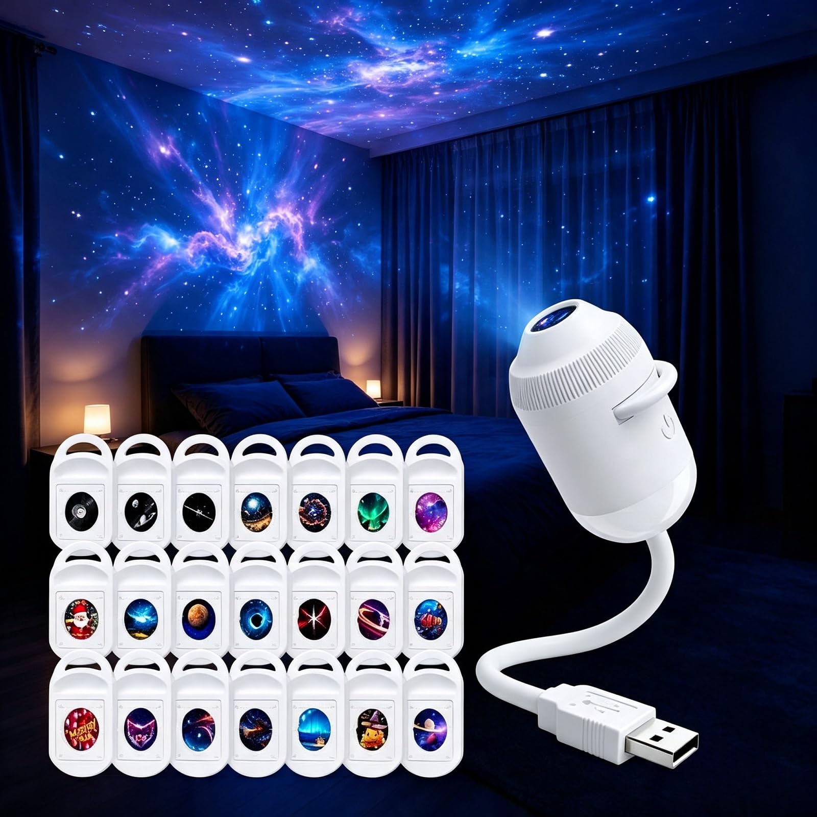 Kids 5D Holographic Star Projector, USB Bedroom Night Light Lamp
