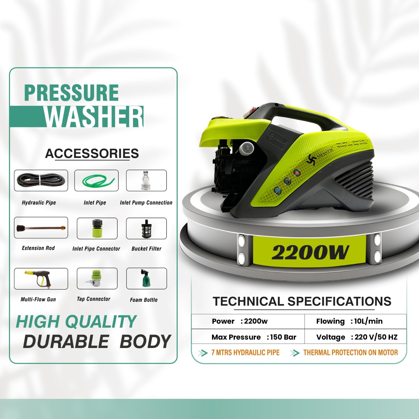 SWASTIK Pro220 2200W High Pressure Washer | 150 Bar, 10L/Min | Car, Bike, Home Cleaning Machine with 7m Hose Pipe, Multi-Gun & Thermal Motor Protection (Green) - Image 2 thumbnail