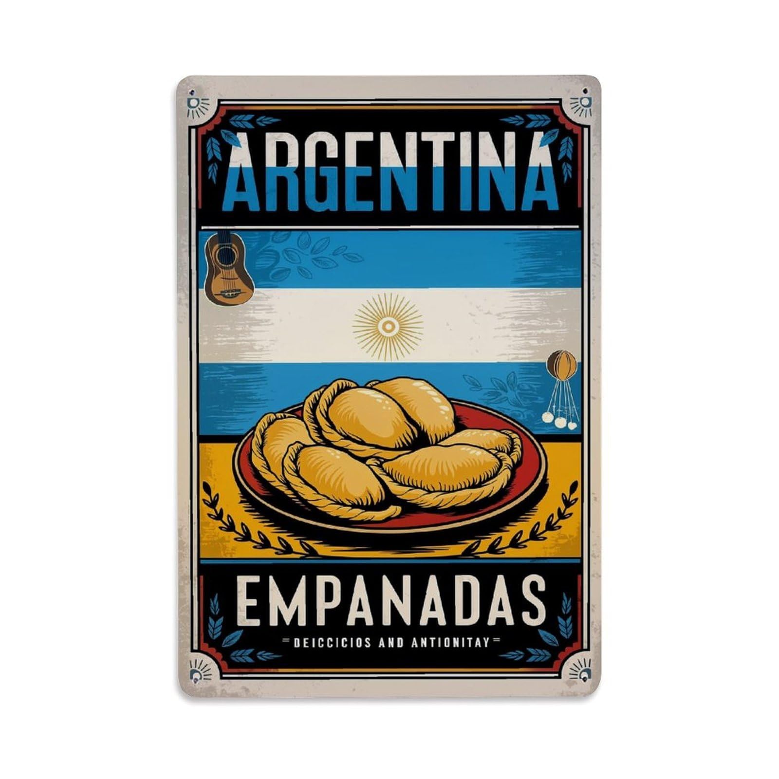Argentina Empanadas Flag Guitar Sun Tin Sign Metal Poster Vintage Metal Signs for Home Man Cave Bar Cafe Kitchen laundry room Wall Decorations Gift 8x12Inch