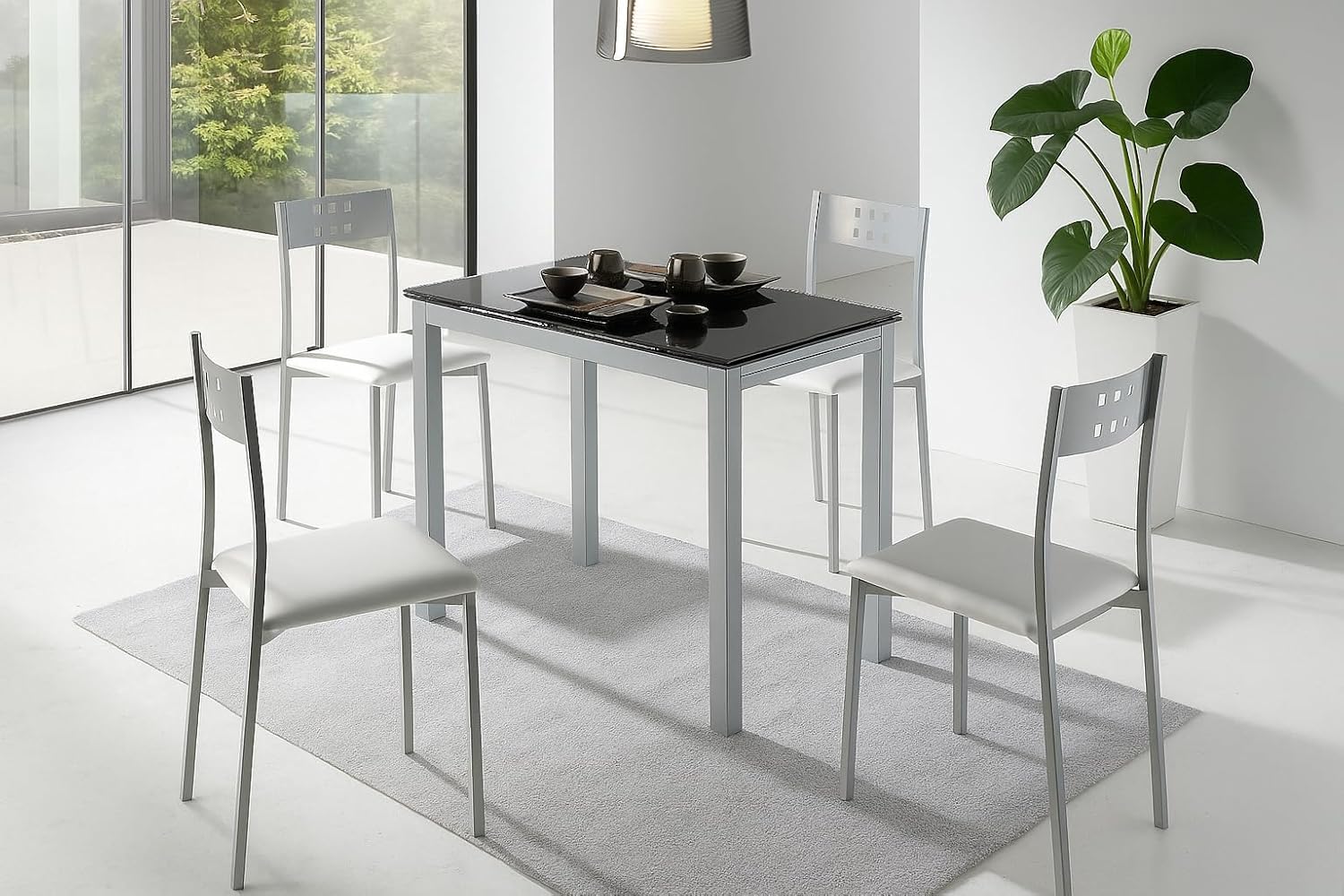 MOMMA HOME Set 2 Sillas de Cocina y salón -Xara - Material Metal Color Plata y Asiento en Cuero sintético - Medidas 41 x 47 x 86 cm. (Blanco)