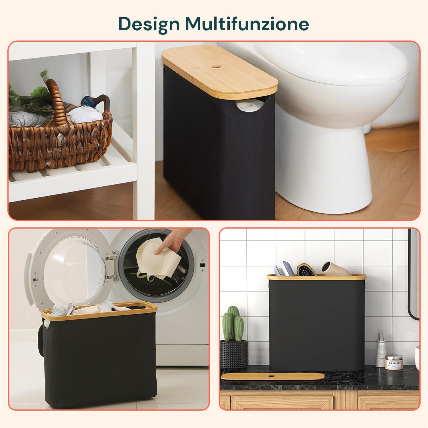 Wintem - Porta Carta Igienica in Tessuto Nero con Coperchio in Bambù Naturale, Design Elegante e Compatto per Accessori Bagno, Facile da Spostare e da Pulire, Capienza fino a 12 Rotoli