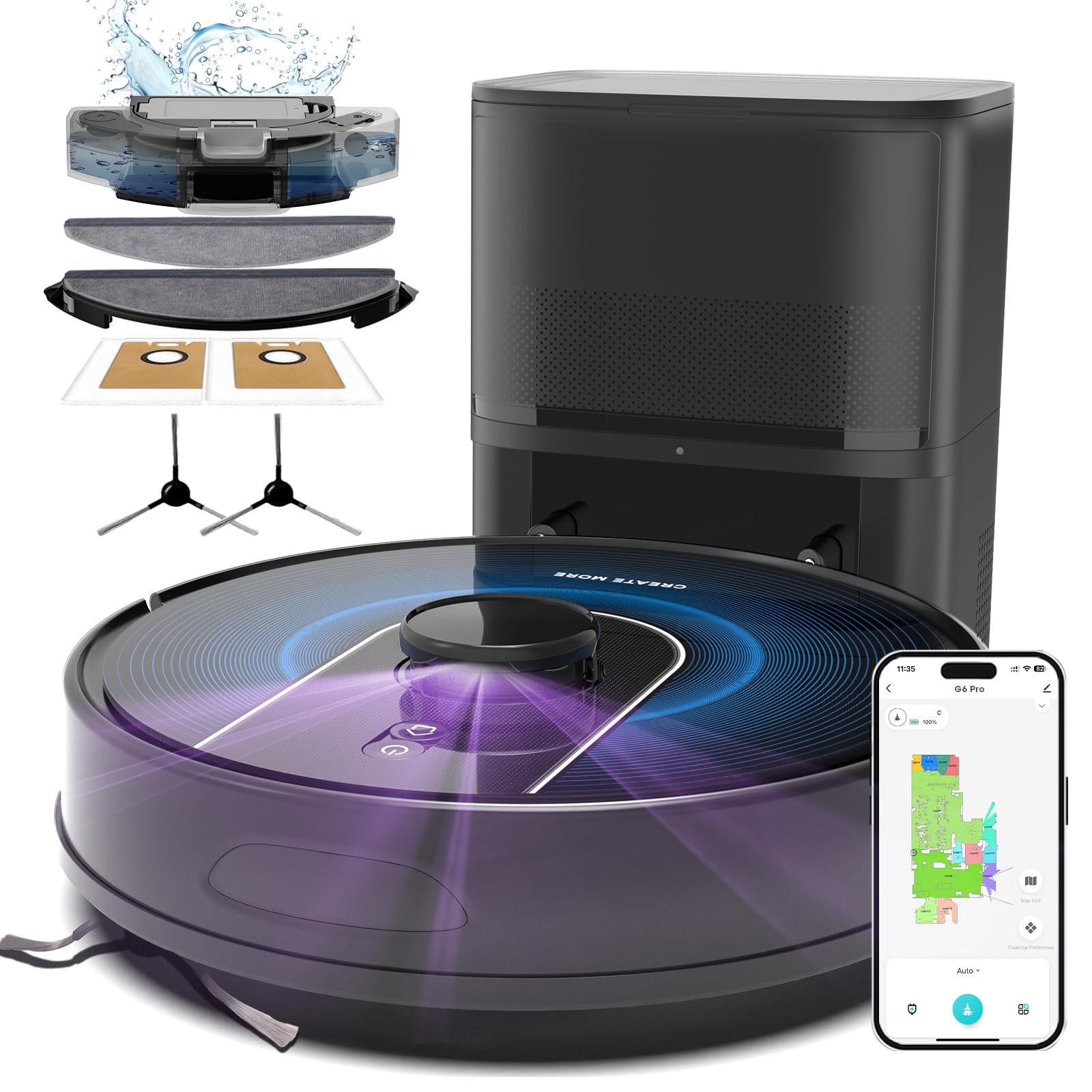 Bagotte Combo robô aspirador de pó e esfregão, aspirador robótico 6000Pa com mapeamento, estação de autoesvaziamento para 90 dias mãos livres, navegação LiDAR, Wi-Fi/aplicativo/controle de voz, para