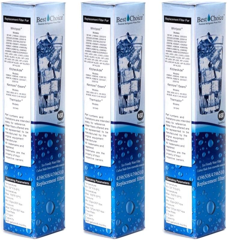Best Choice Water Filters BCF85 Replacement Refrigerator Water Filter for Whirlpool 4396508 and 4396510, 3 Pack