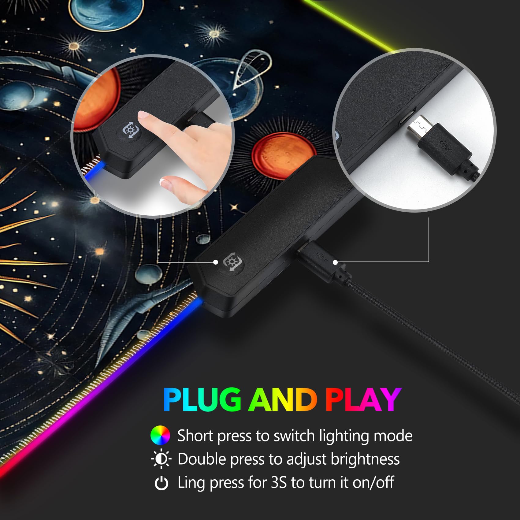 AIMSA Tappetino per Mouse Pad, per mouse da gioco a LED, con 14 modalità di illuminazione, base in gomma antiscivolo, per PC e laptop, motivo: sistema solare astratto
