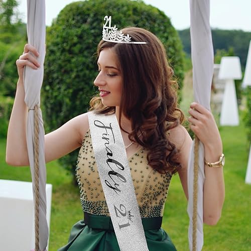 Miniatura 4 de Banda y tiara plateada de 21 cumpleaños para ella, decoraciones de cumpleaños 21 para ella, regalos de cumpleaños 21 para ella, banda de cumpleaños