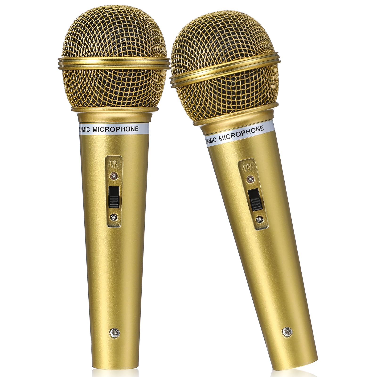 Dplolng 2 Pcs Pretend Microphone for Kids, Toy Microphone Plastic & Metal Play Props for Karaoke Costume, Halloween Christmas Cosplay Party Favors (6.5 x 2.2 In)(Gold)