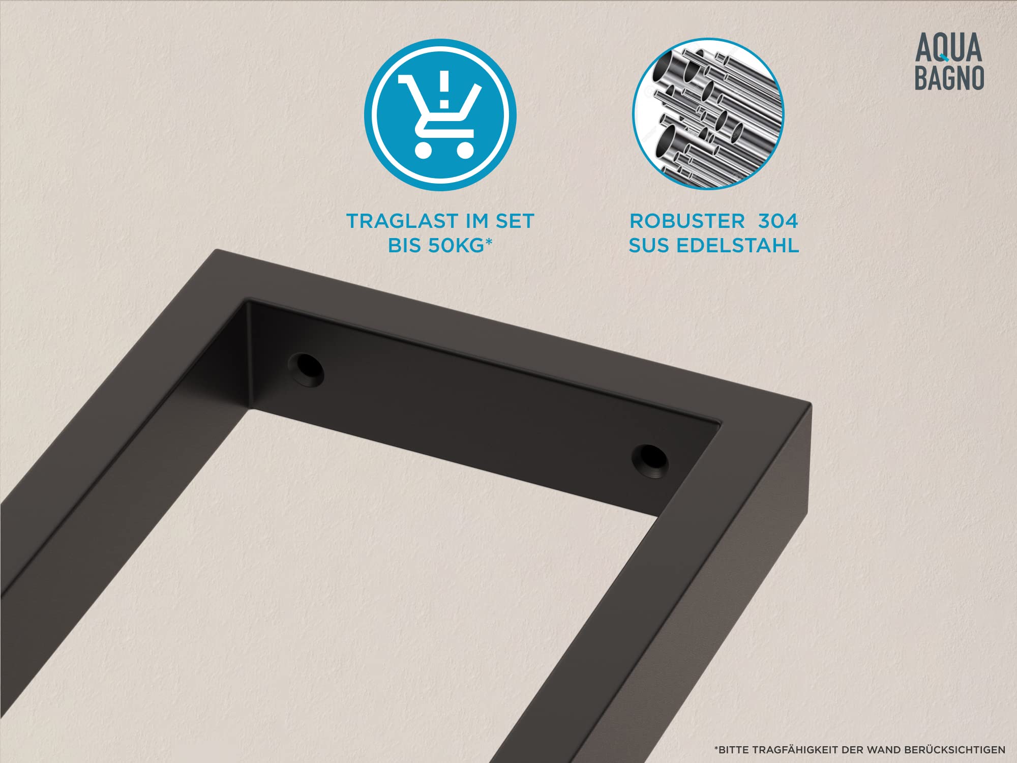 Aqua Bagno Consola de pared de acero inoxidable – Juego de 2 unidades, negro mate, soporte para estanterías | Soporte estable para lavabo, tornillos de montaje ocultos, soporte de consola