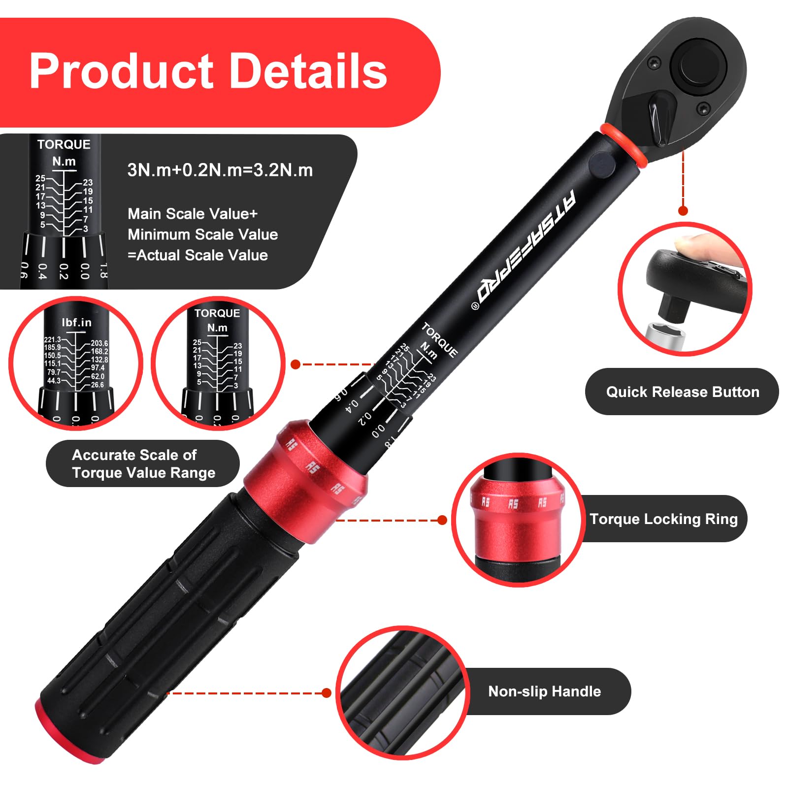 ATsafepro Momentsleutel 1/4 Inch, 1-8 N.m Fiets- en Motorfietsleutel 72 Tand, Tweerichting Instelbaar, ±3% Nauwkeurigheid