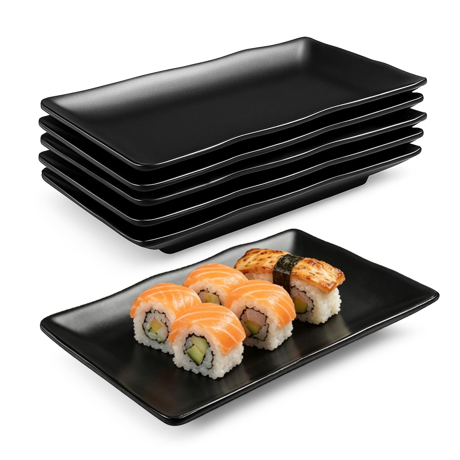 Piatti rettangolari neri in melamina, piatti da portata per antipasti, piatti da dessert per sushi, torte, insalata, frutta e contorni, impilabili e lavabili in lavastoviglie (6 pezzi)