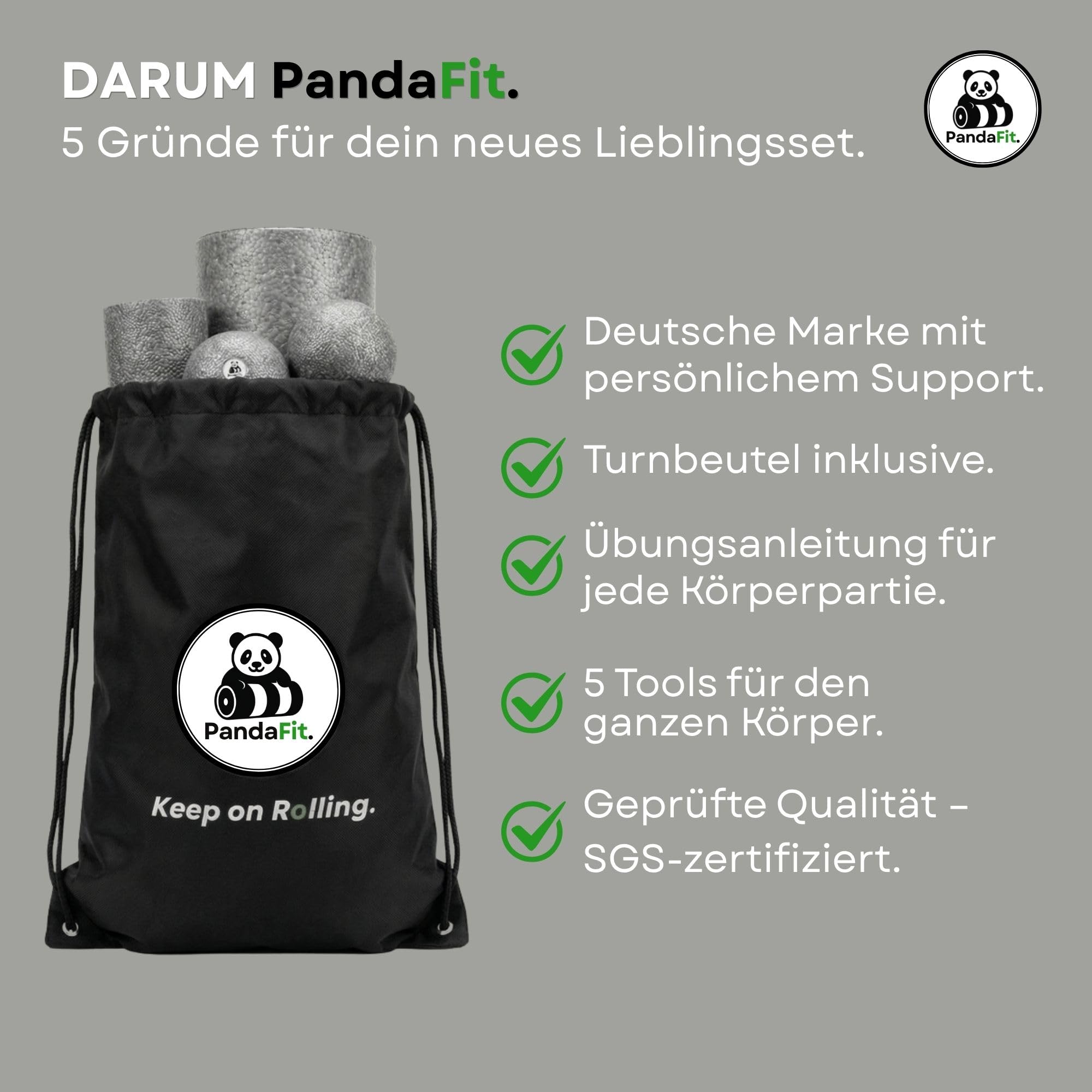 PandaFit Faszienrollen Set 5-teilig mit Turnbeutel, für Rücken und Wirbelsäule, Faszienrolle 30x15 cm, 2 x Duoball, Minirolle, Faszienball, Massage-Set zur Regeneration, EPP Hartschaum