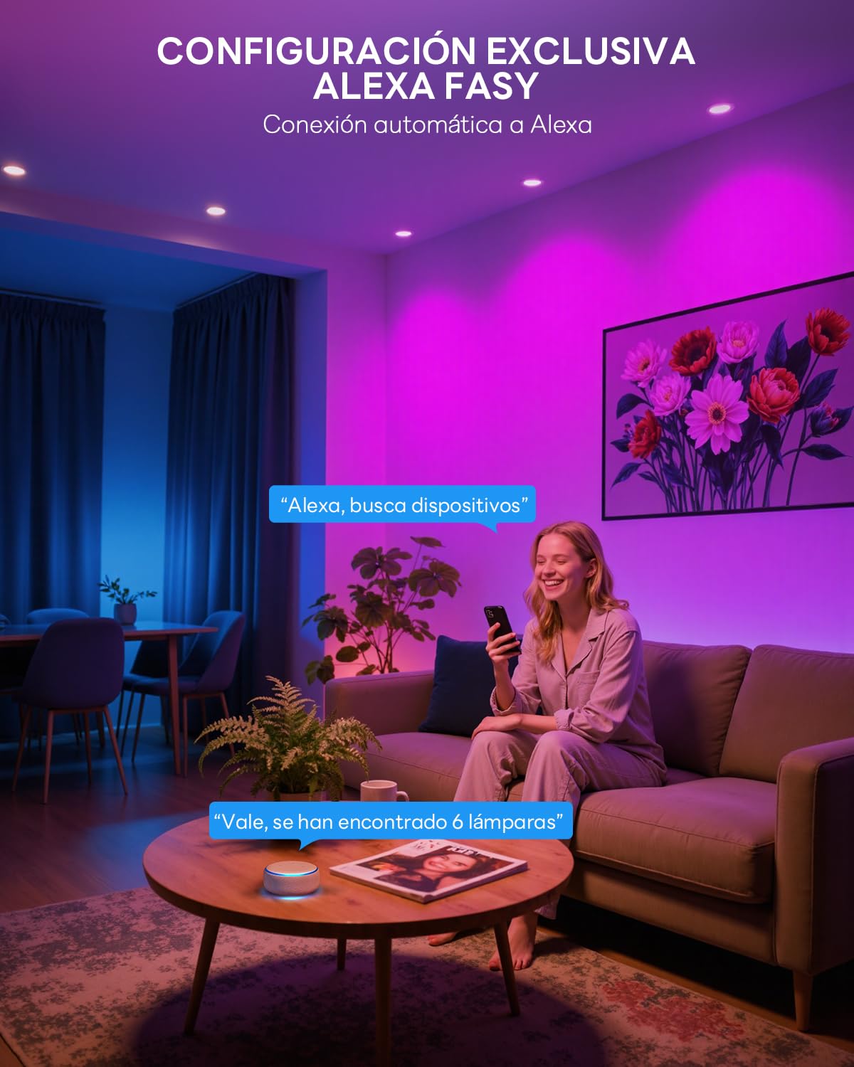 Downlight LED Techo Empotrable Alexa, 7W RGB Blanco Frío a Cálido 2700K-6000K Ojos de Buey Led para Techo, Smart Foco Empotrable Bluetooth, Control Inteligente con Aplicación, Pack de 6