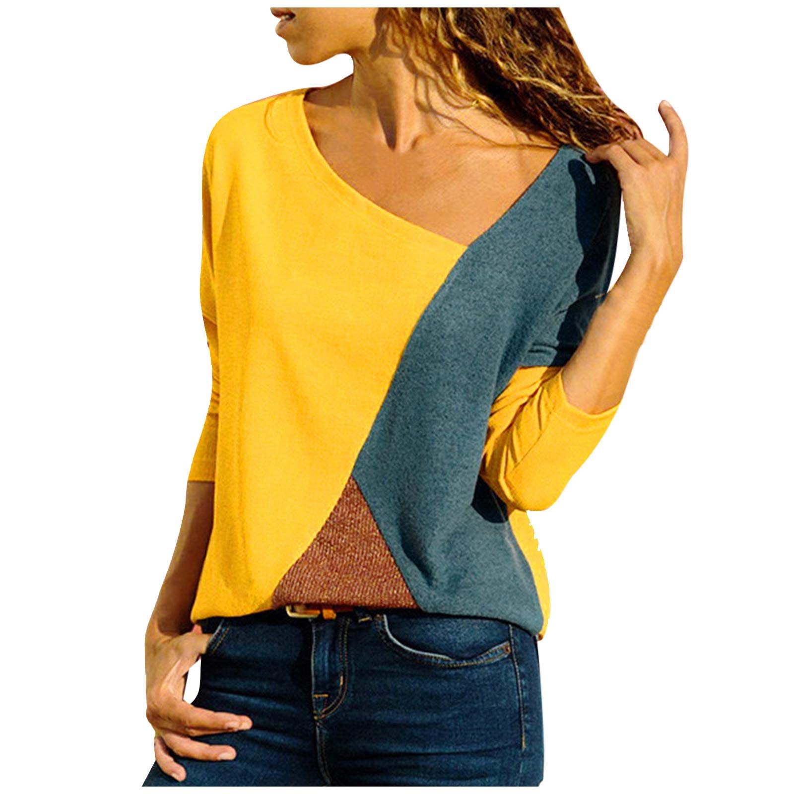 riou Camiseta Mujer Manga Larga Camisa Otoño Primavera Casual Color Bloque Blusa Cuello Redondo Sudadera Casual Tops Suave y Confortable Jersey