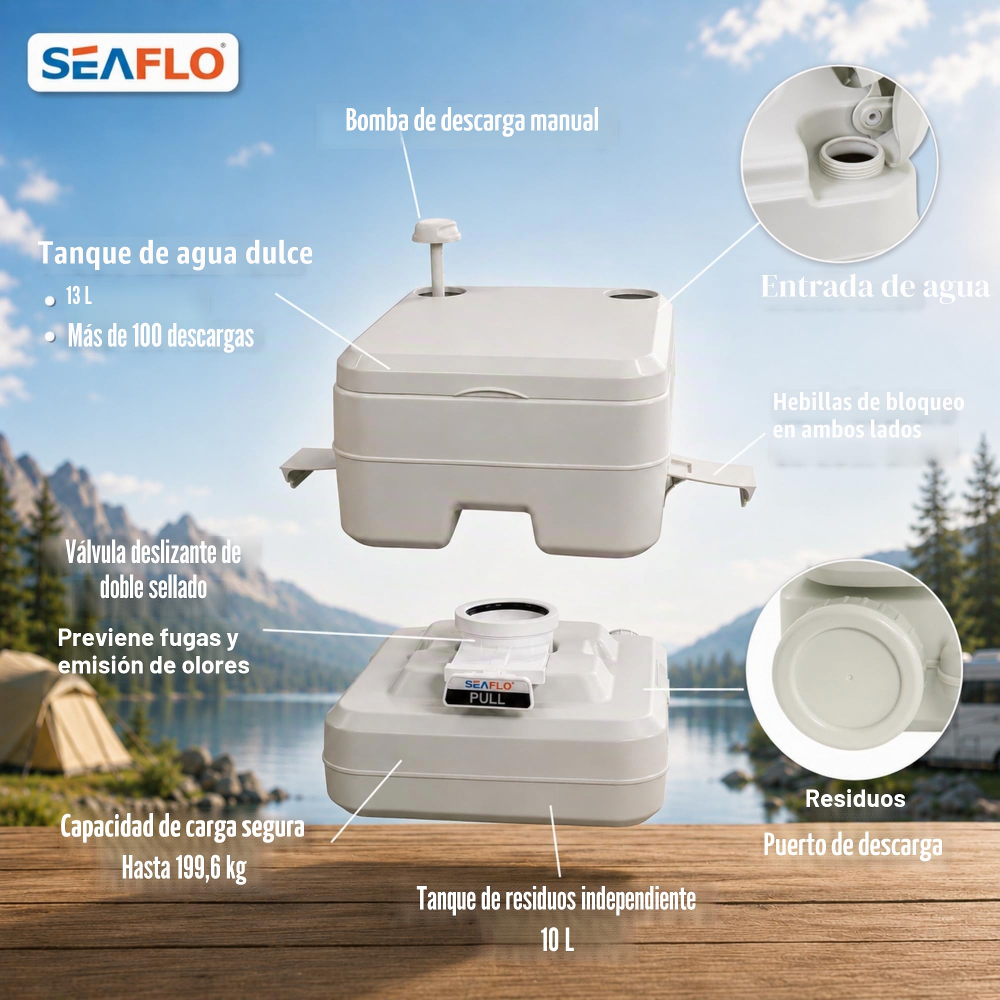 SEAFLO Inodoro portátil para marina, RV, camping y barco (2.6 galones)
