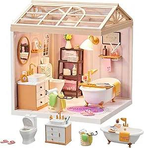 DIY Miniature Bathroom Play Kit with 101Pcs, 1:20 Scale Dollhouse Washroom Furniture with LED Light, Realistic Accessories & Connectable Base Room, Tiny House Toy for Adults & Kids 8+