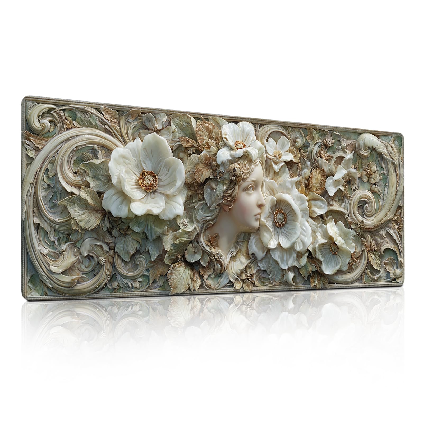 Floral Goddess Relief Mouse Pad, Vintage Carved Soft Tone Desk Mat - Large Non-Slip Office PC Laptop Desk Pad - 31.5"x11.8" x 3mm