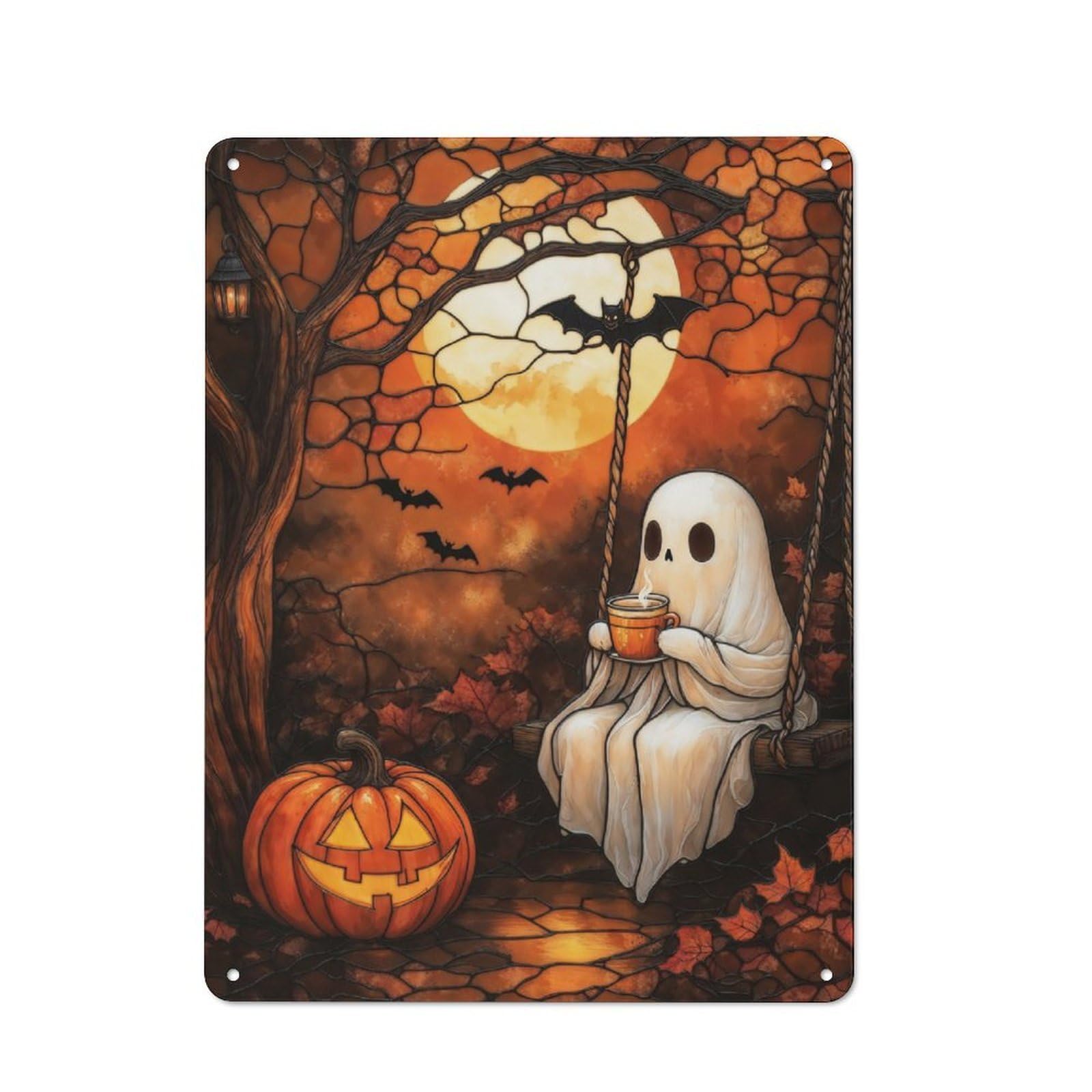 Junmoney Stained Glass Ghost And Coffee Under The Moon Rustic Tin Sign 40X30cm Featuring For Bar Or Restaurant, A Housewarming Gift For Bar Decor Enthusiasts