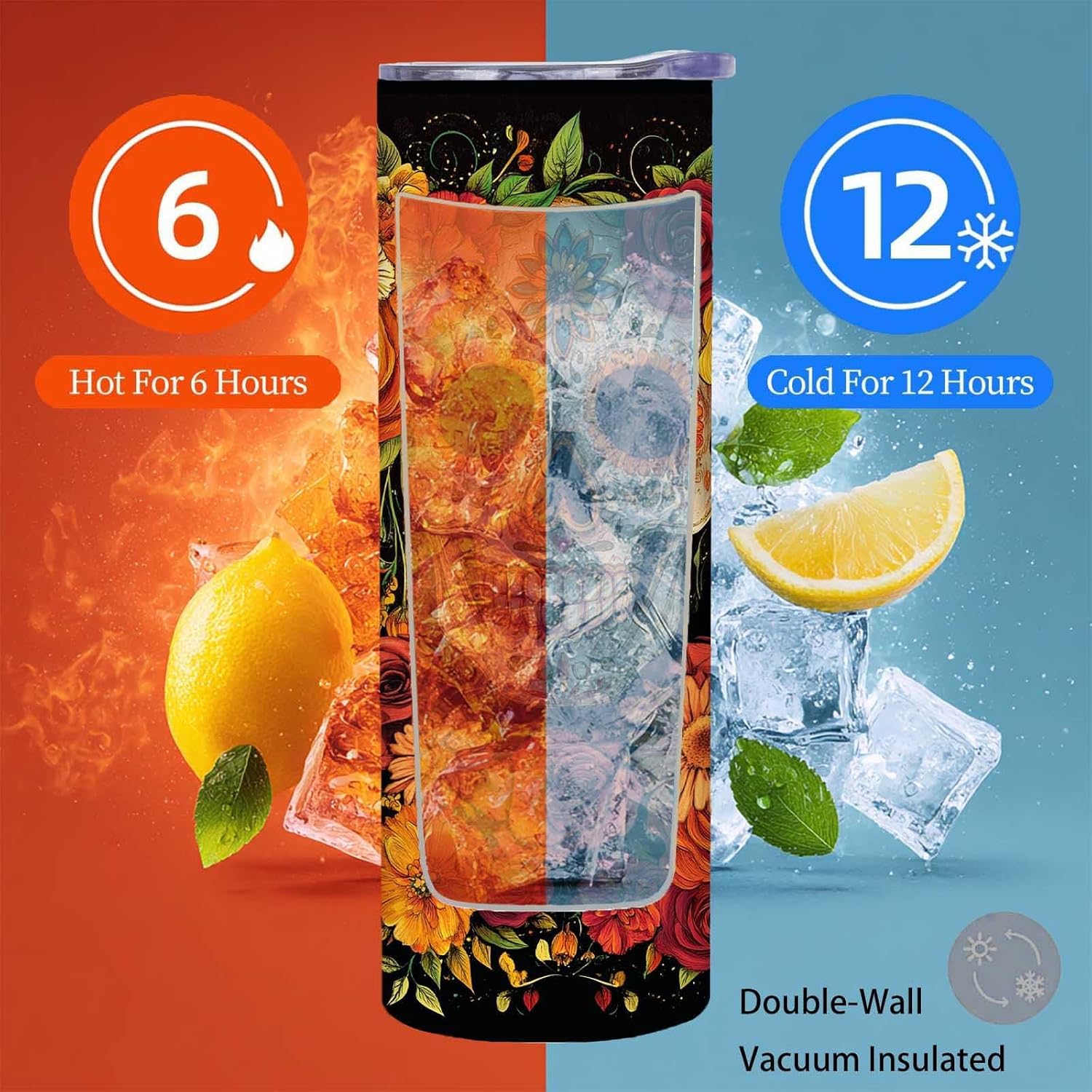 Firmiso 20 oz Tumbler, Skinny Insulated Travel Mug, Day of the Dead Gifts for Women and Men, Stainless Steel Coffee Cup for Hot & Cold Drinks, Sugar Skull Christmas and Halloween Spooky Gifts - Image 5