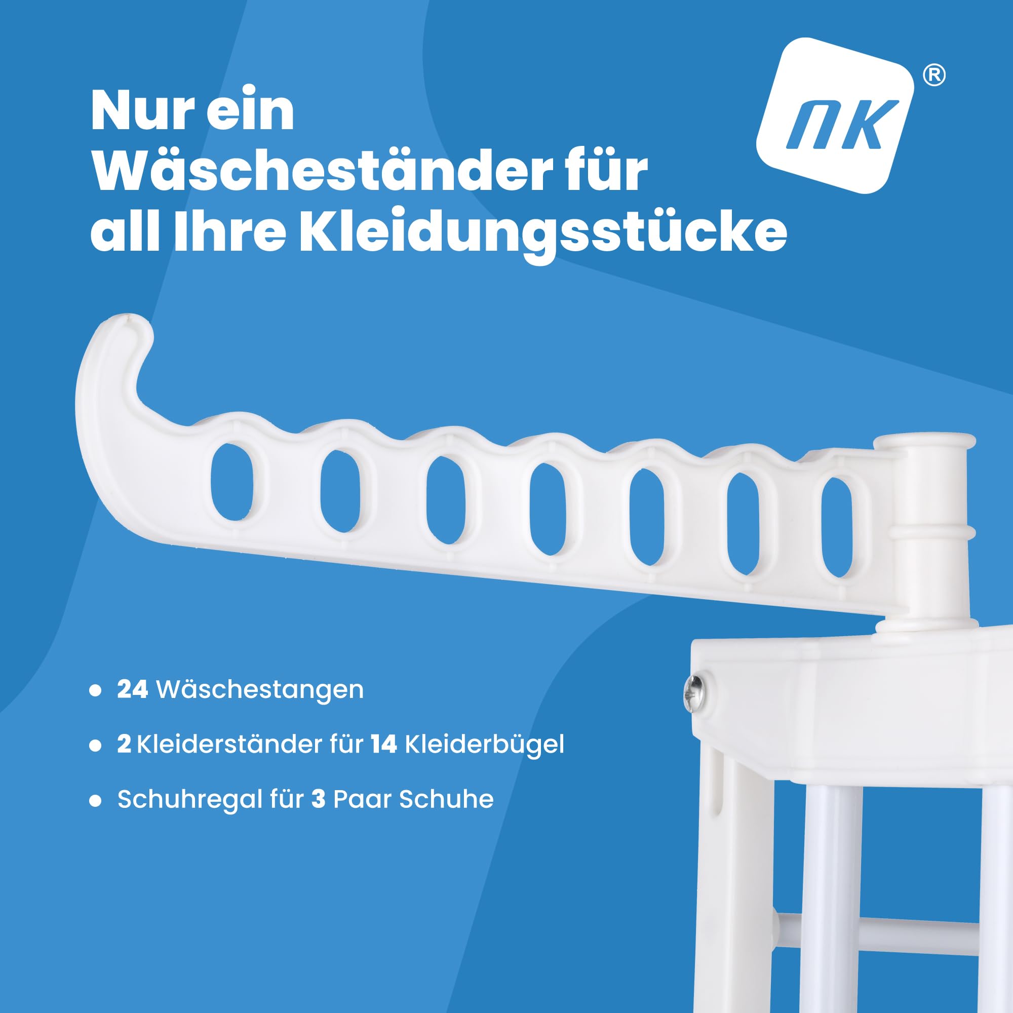 NK Wäscheständer Wäschetrockner Turm mit Rollen und 4 Ebenen – 6 Ausziehbare Ablagen + 2 Seitliche Flügel mit Bügelhalter + Schuhablage, 360° Rollen, Farbe Weiß (19m Wäsche)