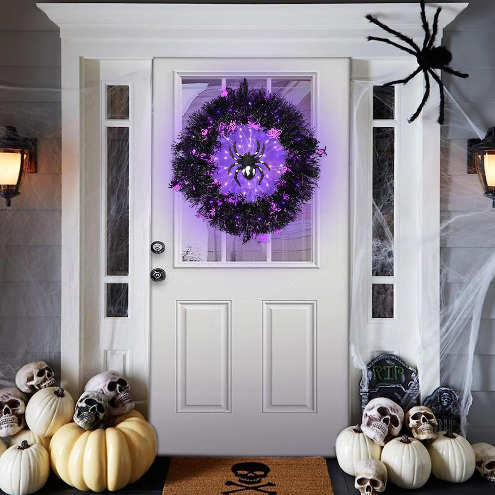 Halloween Türkranz mit Lichtern, künstliche Spinne Girlande Halloween Deko mit violetten Lichtern Halloween Dekorationen für Außen Innen Wand Atmosphere Decoration LED