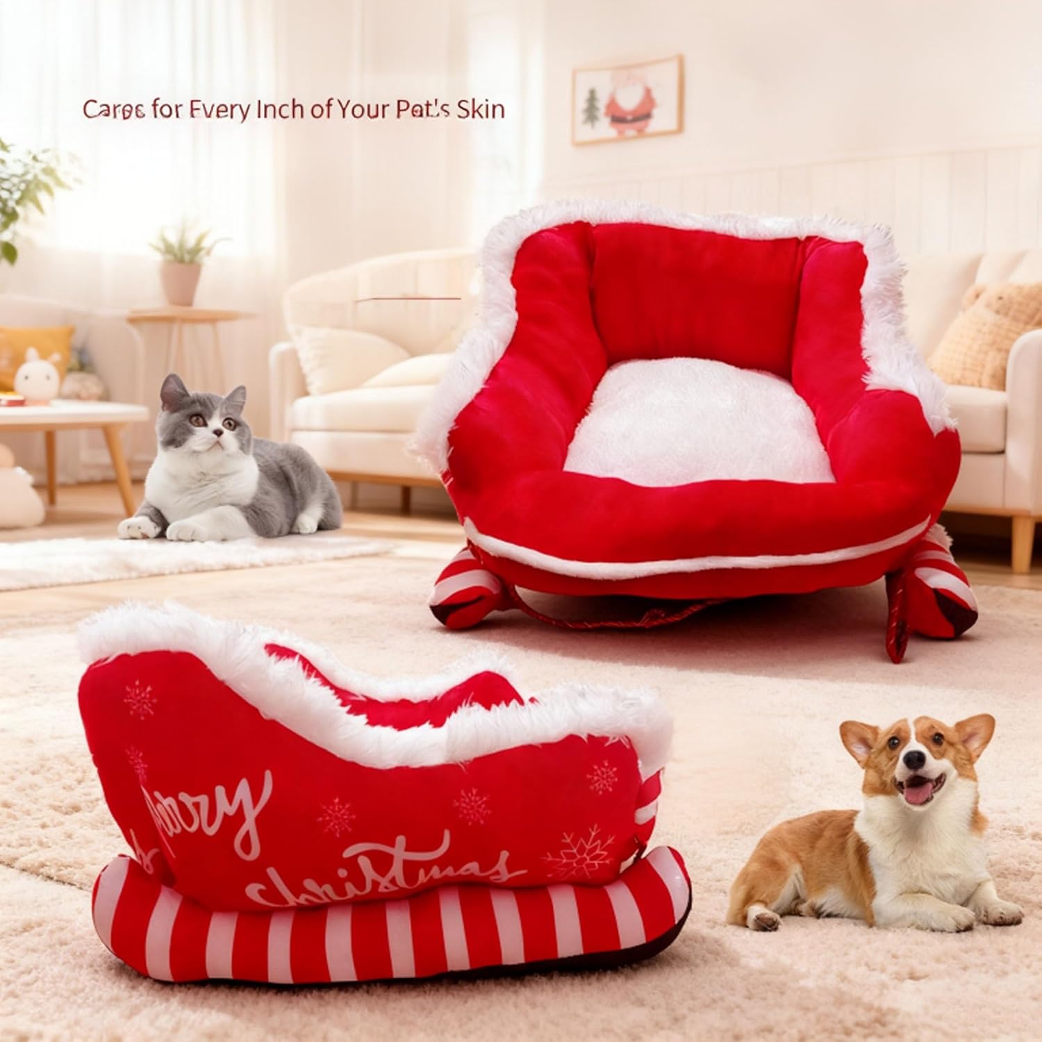 2026 New Festive Plush Christmas Sleigh Cozy Dog Bed, Plush Cozy Dog Bed, Christmas Pet Sofa for Dogs Cats, Indoor & Outdoor Use (M)