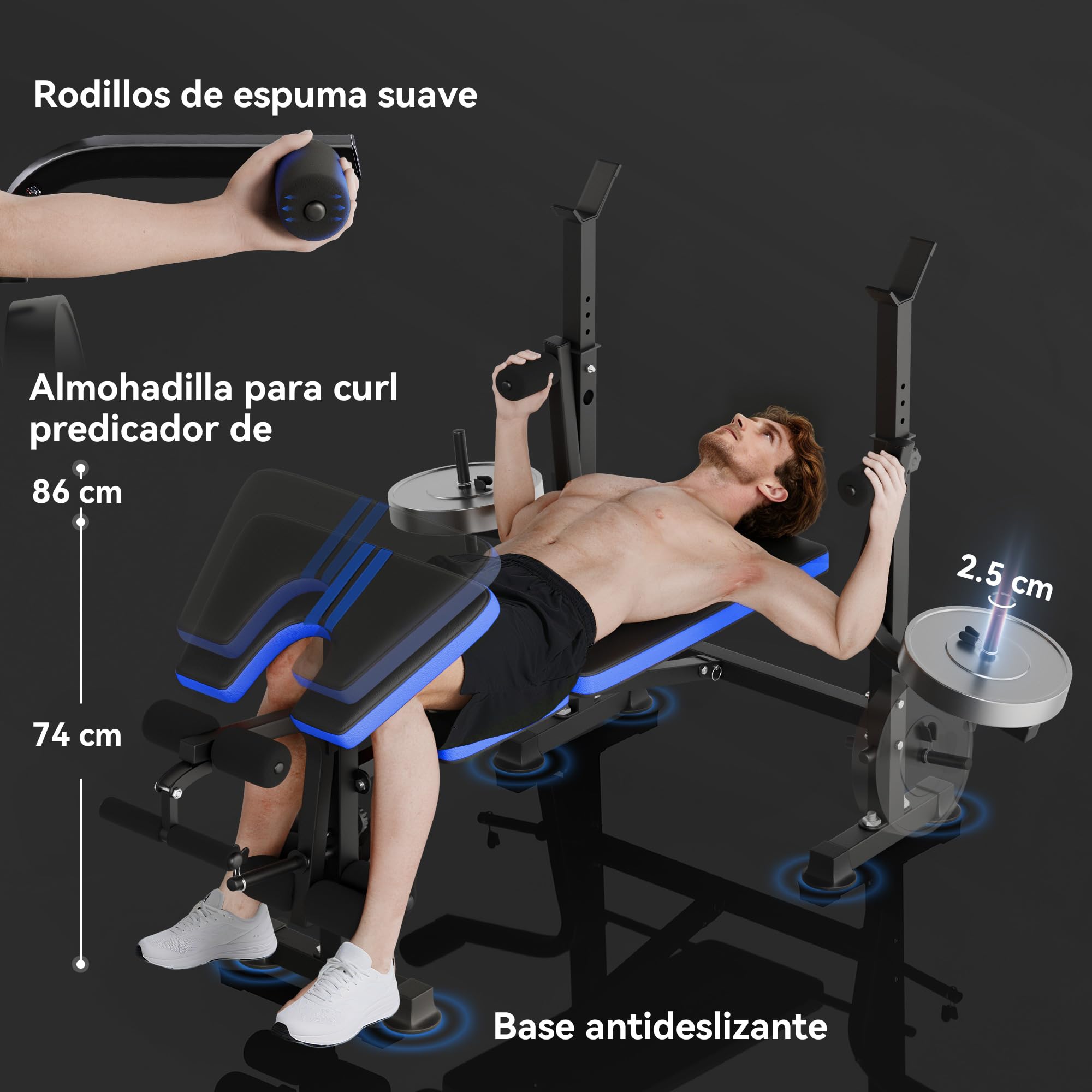 HOMCOM Banco de Musculación Multifuncional, Banco de Pesas con Respaldo Ajustable, Soporte para Barras Regulable, Extensión de Piernas, Curl de Predicador, Mariposa, Entrenamiento Casa Gimnasio, Azul