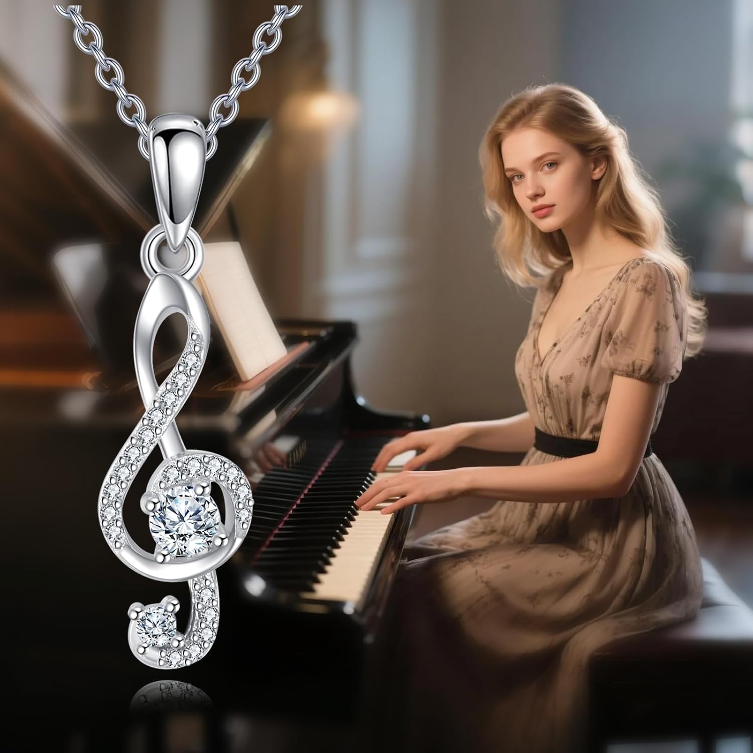 Music Note Necklace Sterling Silver Musical Note Pendant 0.1 Carat Moissanite Jewelry Gifts for Music Lovers Women Men - Image 3