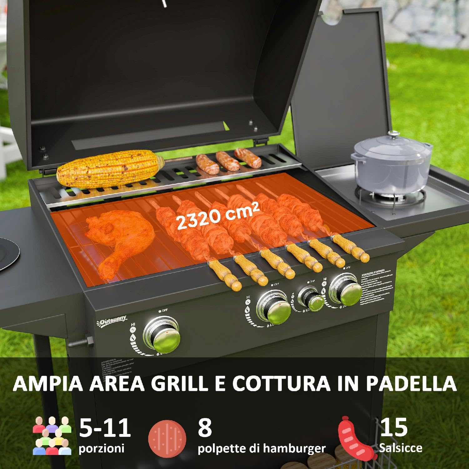 Barbecue a Gas con Bruciatori Indipendenti Coperchio con Termometro e Tavolino Laterale Nero
