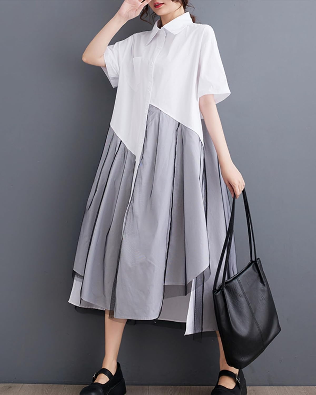 ellazhu Women's Short Sleeves Solid Color Irregular Hem Casual Shirt Dress GZ175 - Image 2