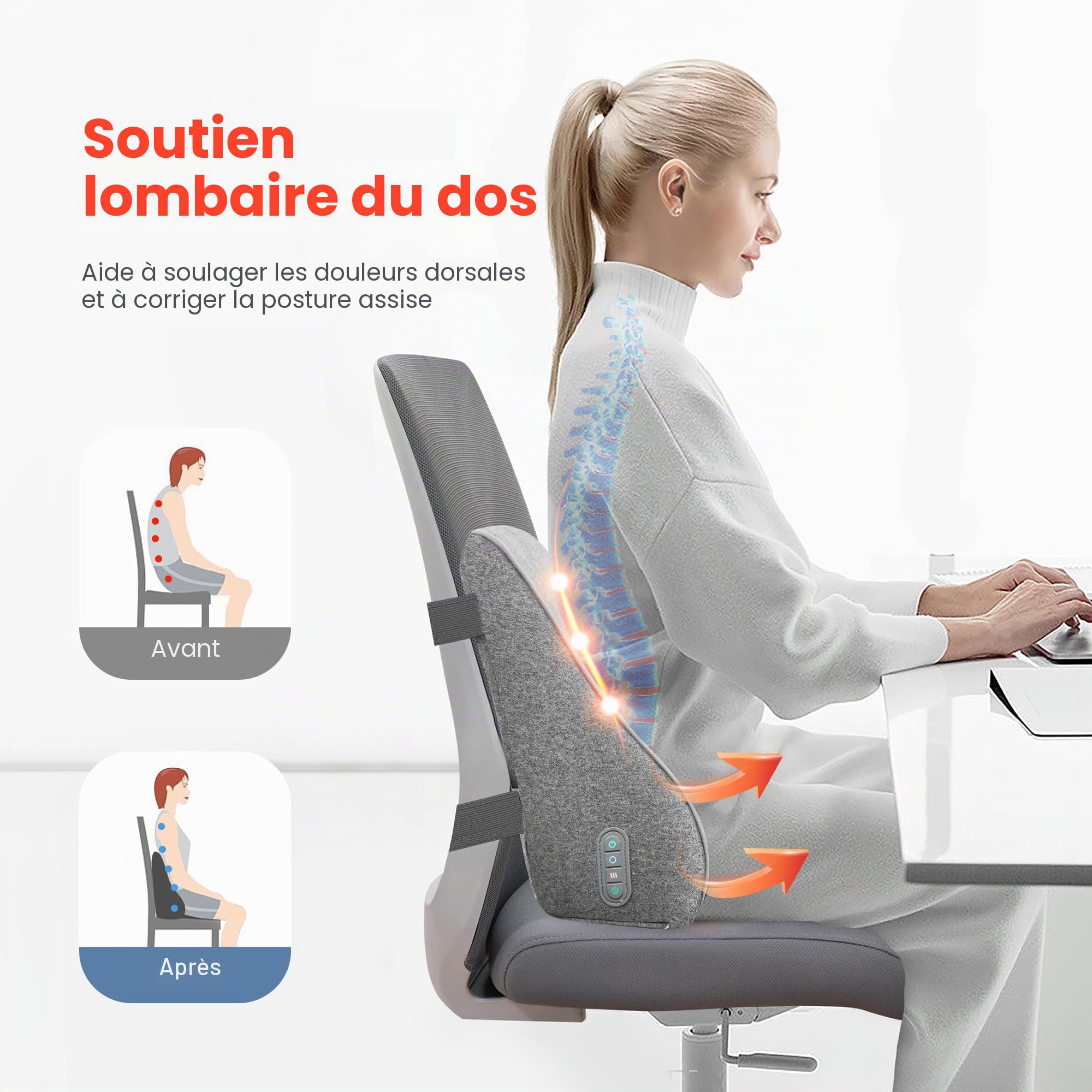 COMFIER Appareil de massage pour le dos, appareil de massage Shiatsu pour chaise de bureau, coussin de massage électrique pour soulager la douleur, à la maison ou au bureau, 2 niveaux de chauffage