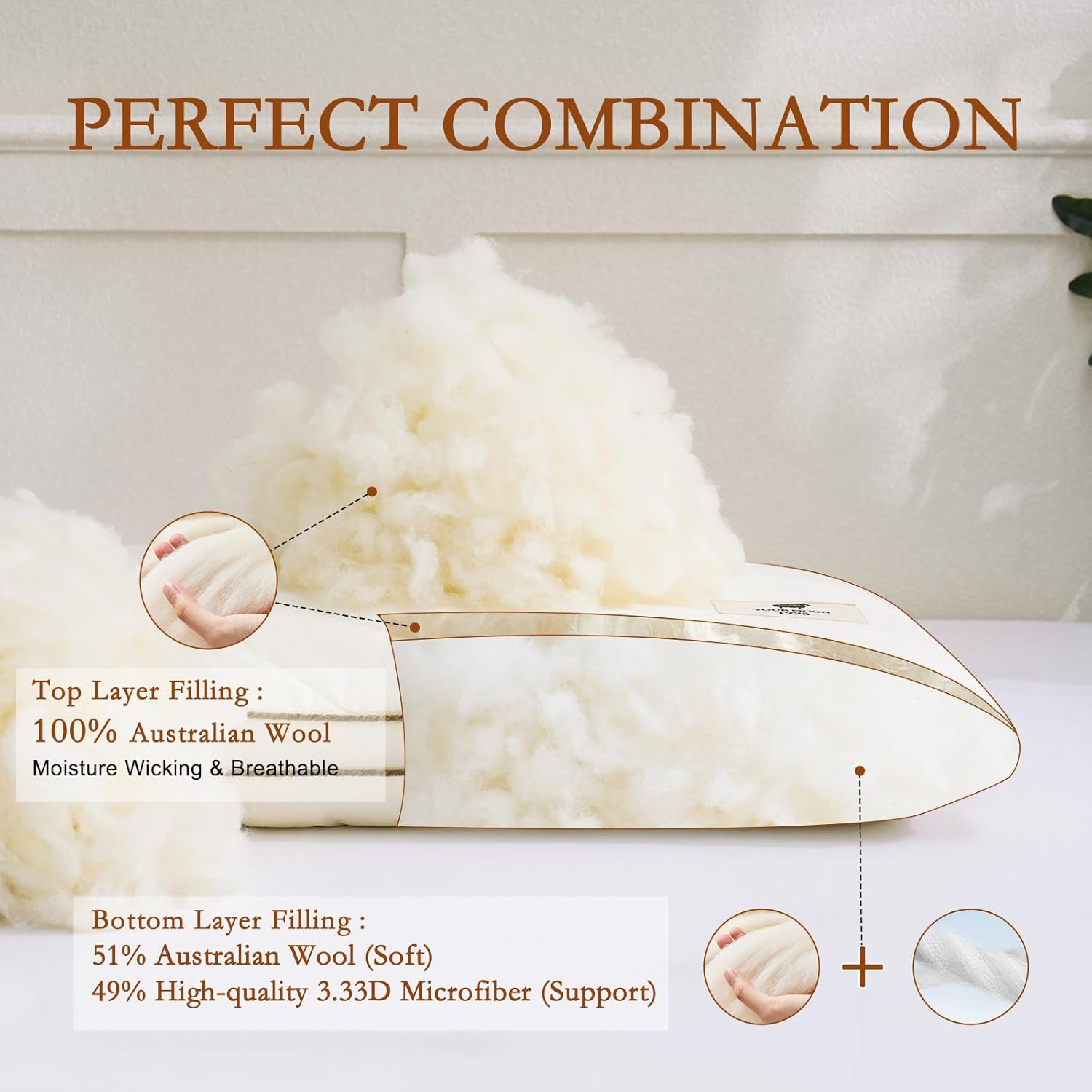 YOUR MOON Soft Organic Wool Pillow Queen, Flat & Thin Wool Pillow for Sleeping, Low-Loft Bed Pillows for Back and Stomach Sleepers, Breathable Soft Cotton Cover(Off White) - Image 2