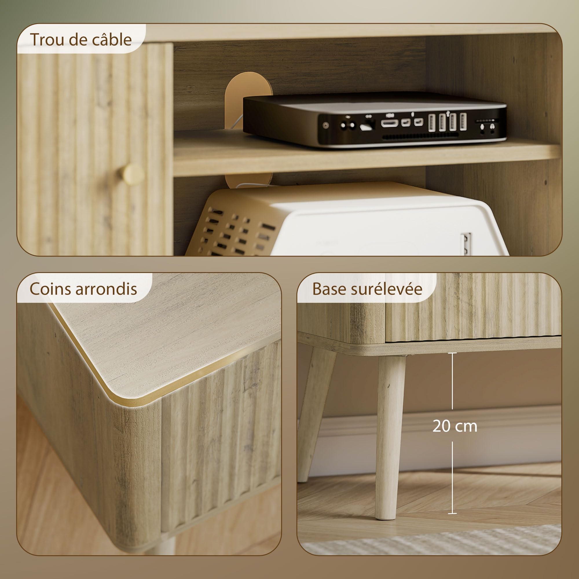 HOMCOM Meuble TV 140 cm, Meuble télé pour téléviseur jusqu'à 65 Pouces avec 2 Portes, 2 Compartiments Ouverts, étagère réglable et Pieds en pin, Banc TV pour Salon, Chambre à Coucher, chêne