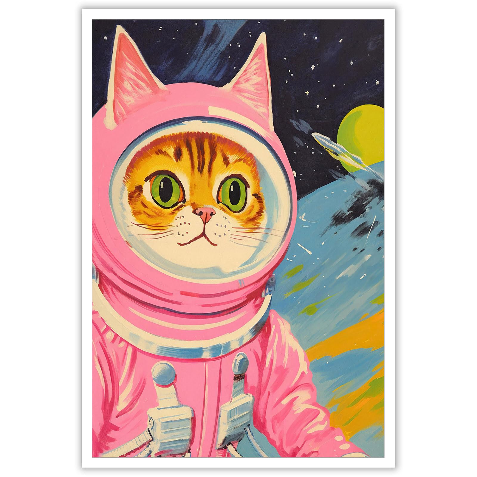 Funny Cat Astronaut Canvas Wall Art Whimsical Cat In Space Poster Trendy Colorful Animal Pink Aesthetic Prints Painting For Home Bedroom Dorm Living