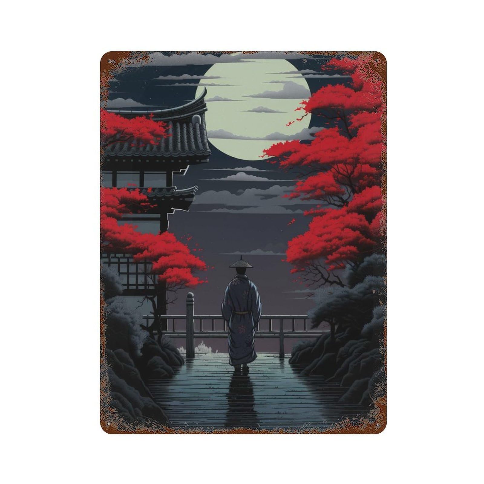 Japanese Painting 15.7"x11.8" Rustic Tin Plaque, Farmhouse Wall Decor for Basement, Hobby Room And Garage Decor
