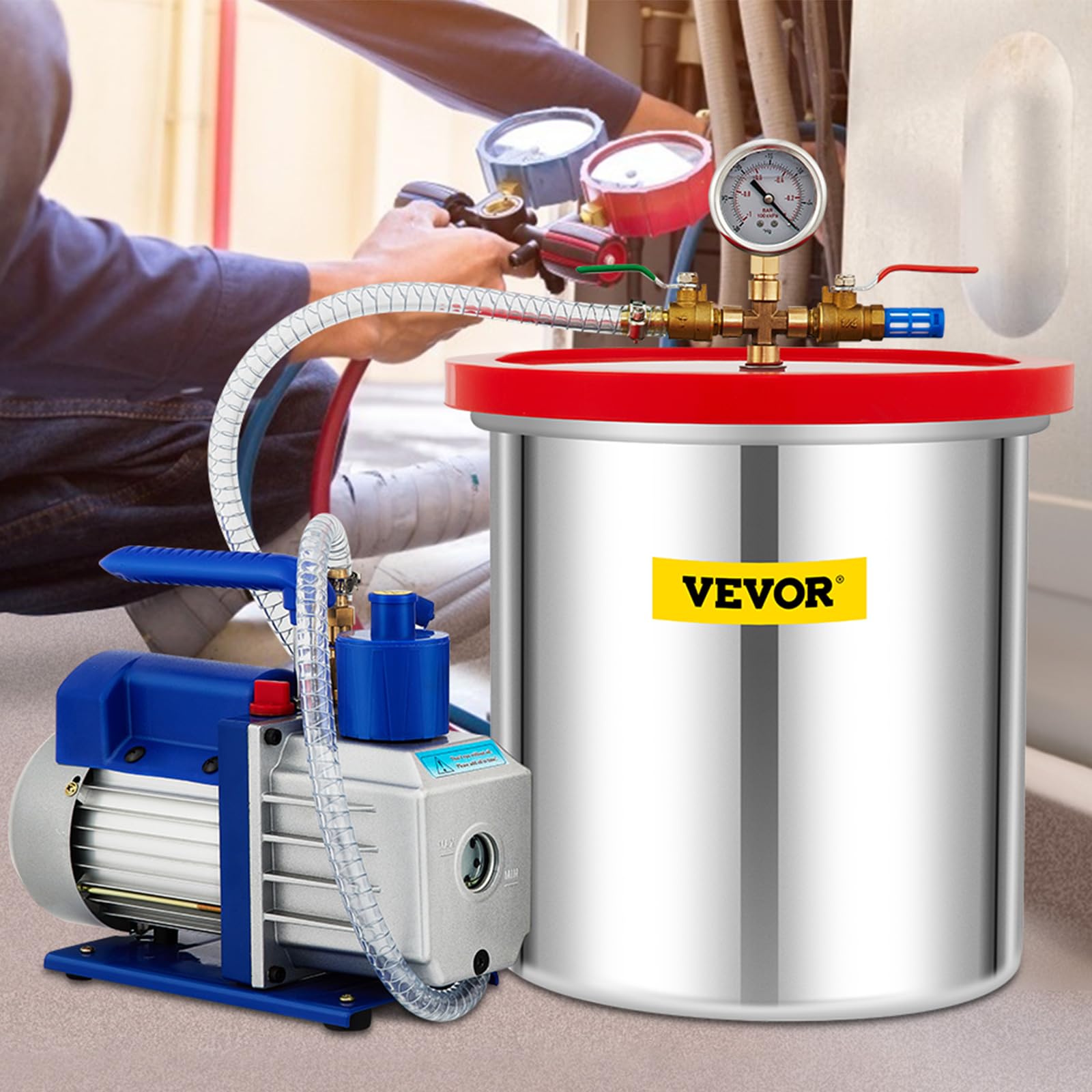 VEVOR 2 Gallonen Vakuumpumpe Vakuumkammer Unterdruckpumpe 4CFM 1/3HP Vakuumpumpe